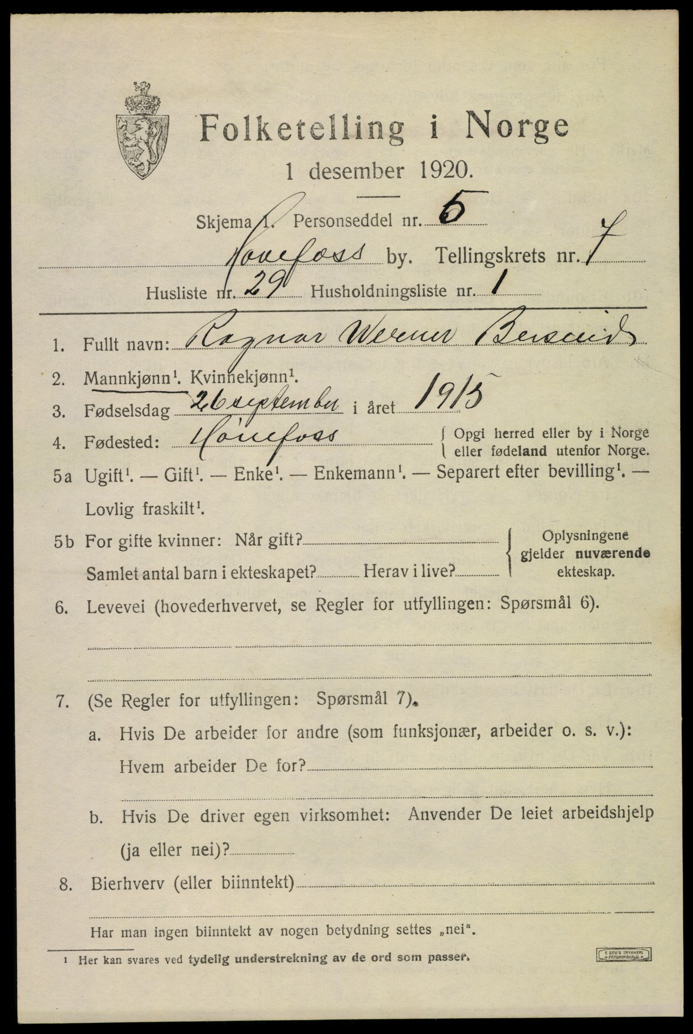 SAKO, 1920 census for Hønefoss, 1920, p. 8322