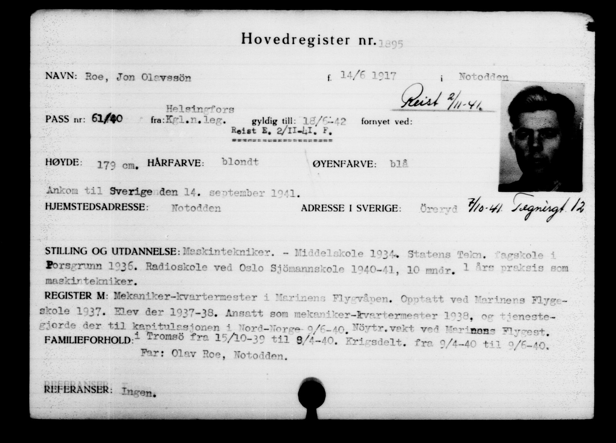 Utenriksstasjonene, Legasjonen i Stockholm, Flyktningkontoret, AV/RA-S-6753/V/Va/L0002: Kjesäterkartoteket, flyktninger med registreringsnr. 1001-2000, 1940-1945, p. 1273
