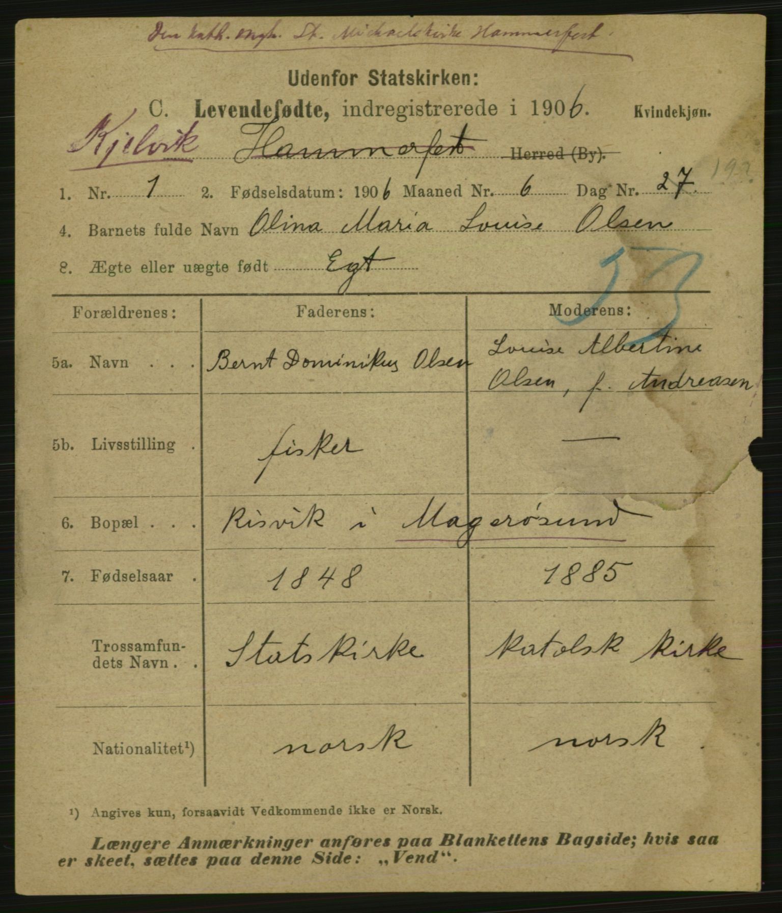 Statistisk sentralbyrå, Sosiodemografiske emner, Befolkning, AV/RA-S-2228/E/L0004: Fødte, gifte, døde dissentere., 1906, p. 1771