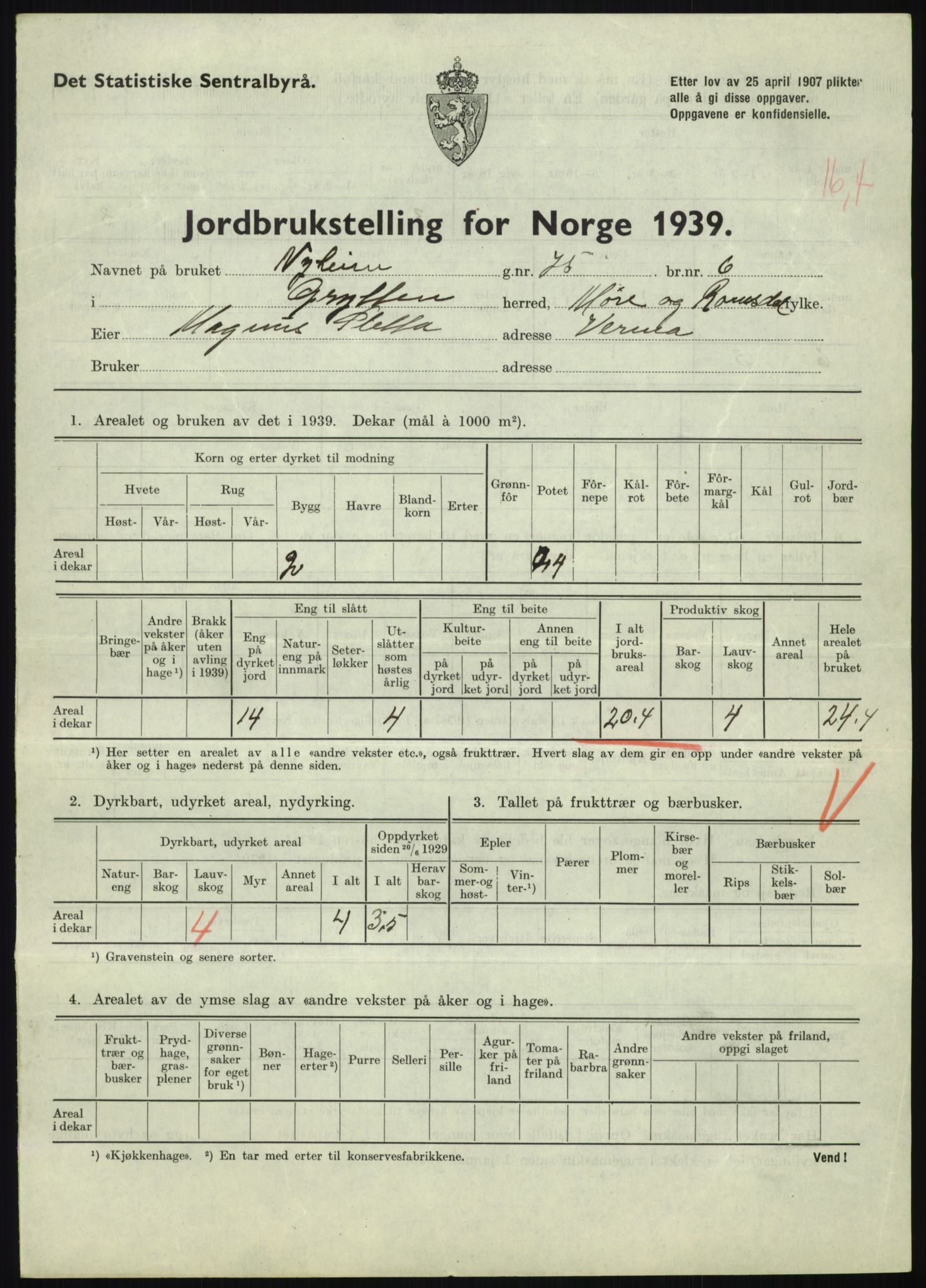 Statistisk sentralbyrå, Næringsøkonomiske emner, Jordbruk, skogbruk, jakt, fiske og fangst, AV/RA-S-2234/G/Gb/L0251: Møre og Romsdal: Voll, Eid, Grytten og Hen, 1939, p. 705