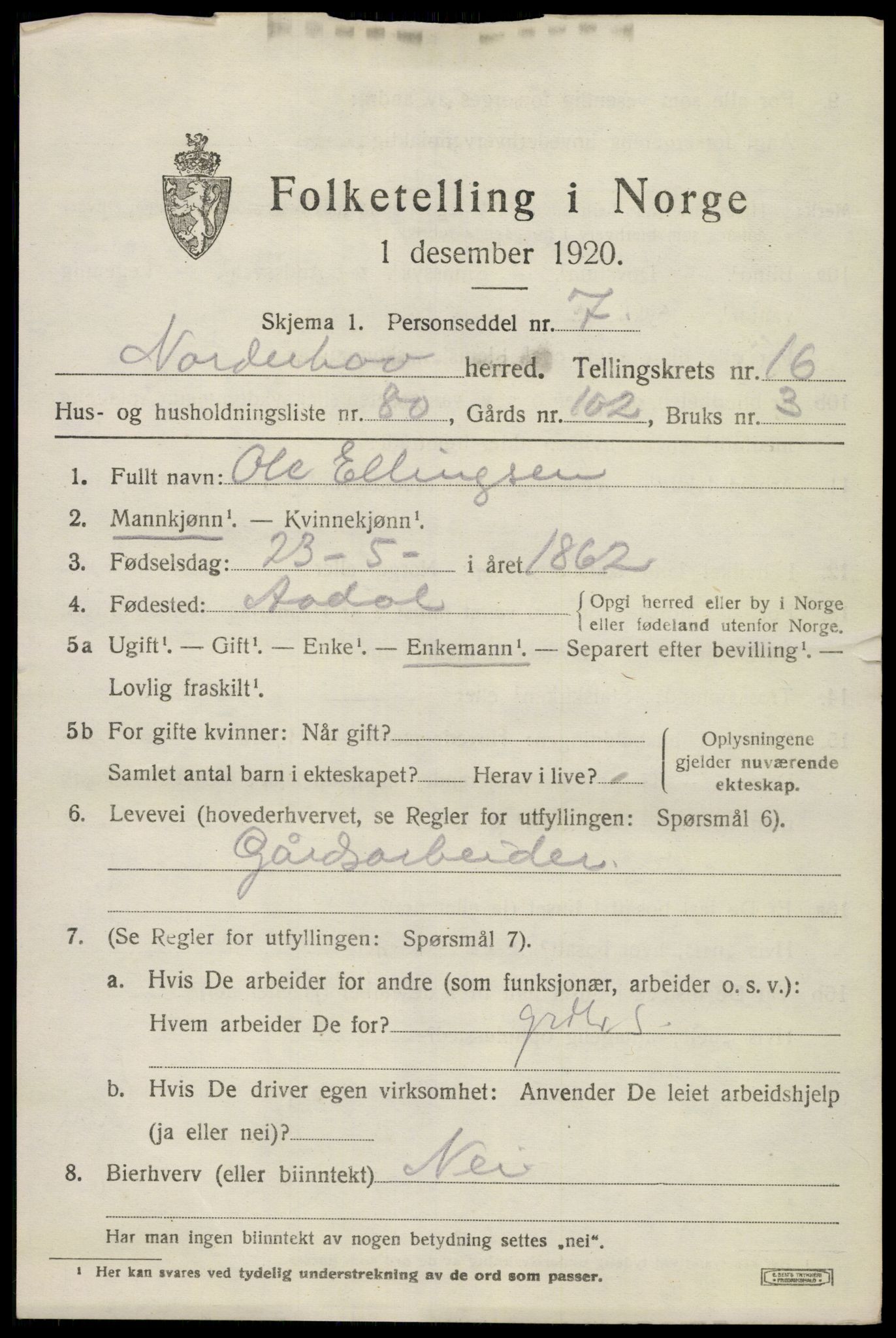 SAKO, 1920 census for Norderhov, 1920, p. 18418