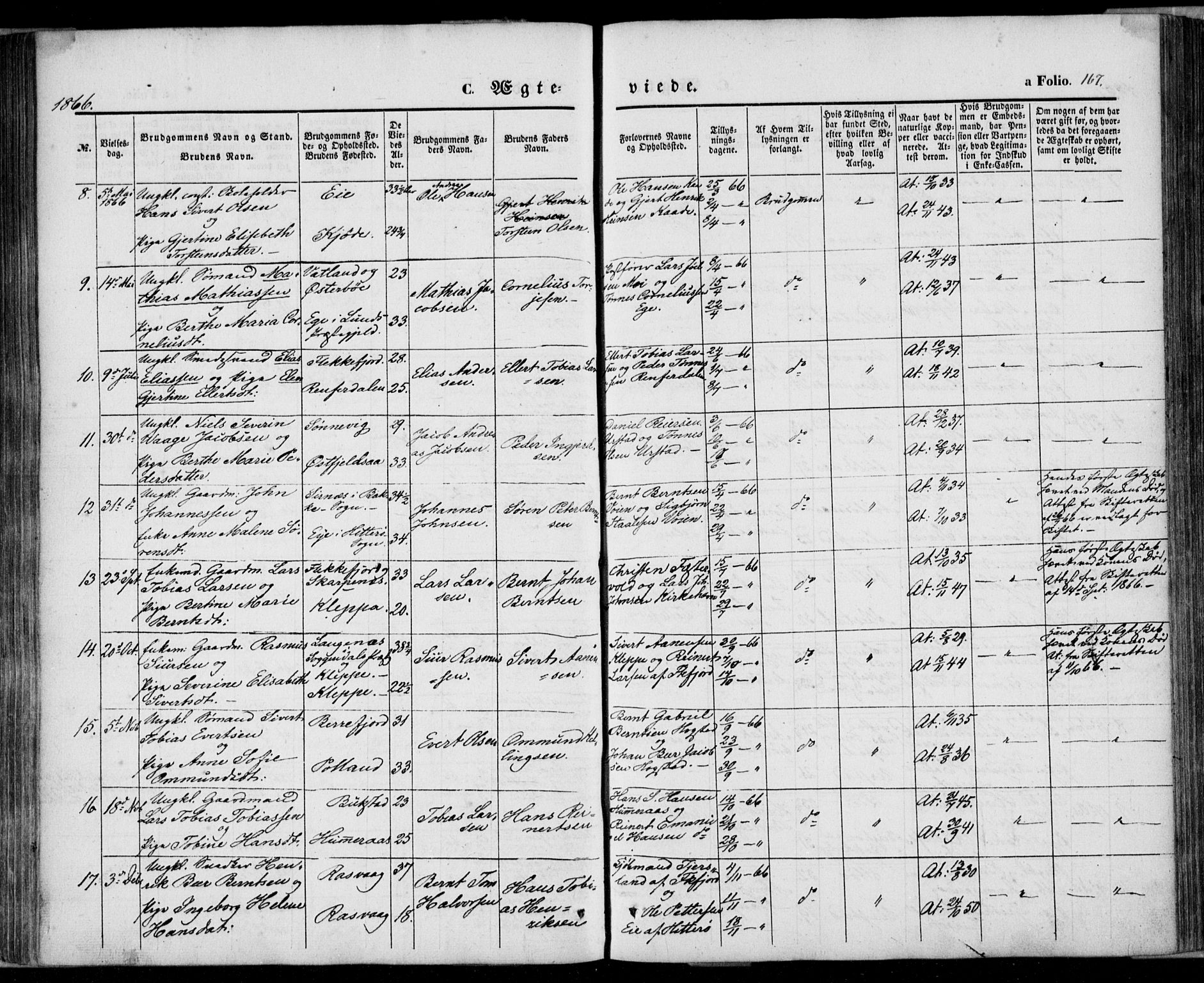 Flekkefjord sokneprestkontor, AV/SAK-1111-0012/F/Fa/Fab/L0004: Parish register (official) no. A 4, 1850-1875, p. 167