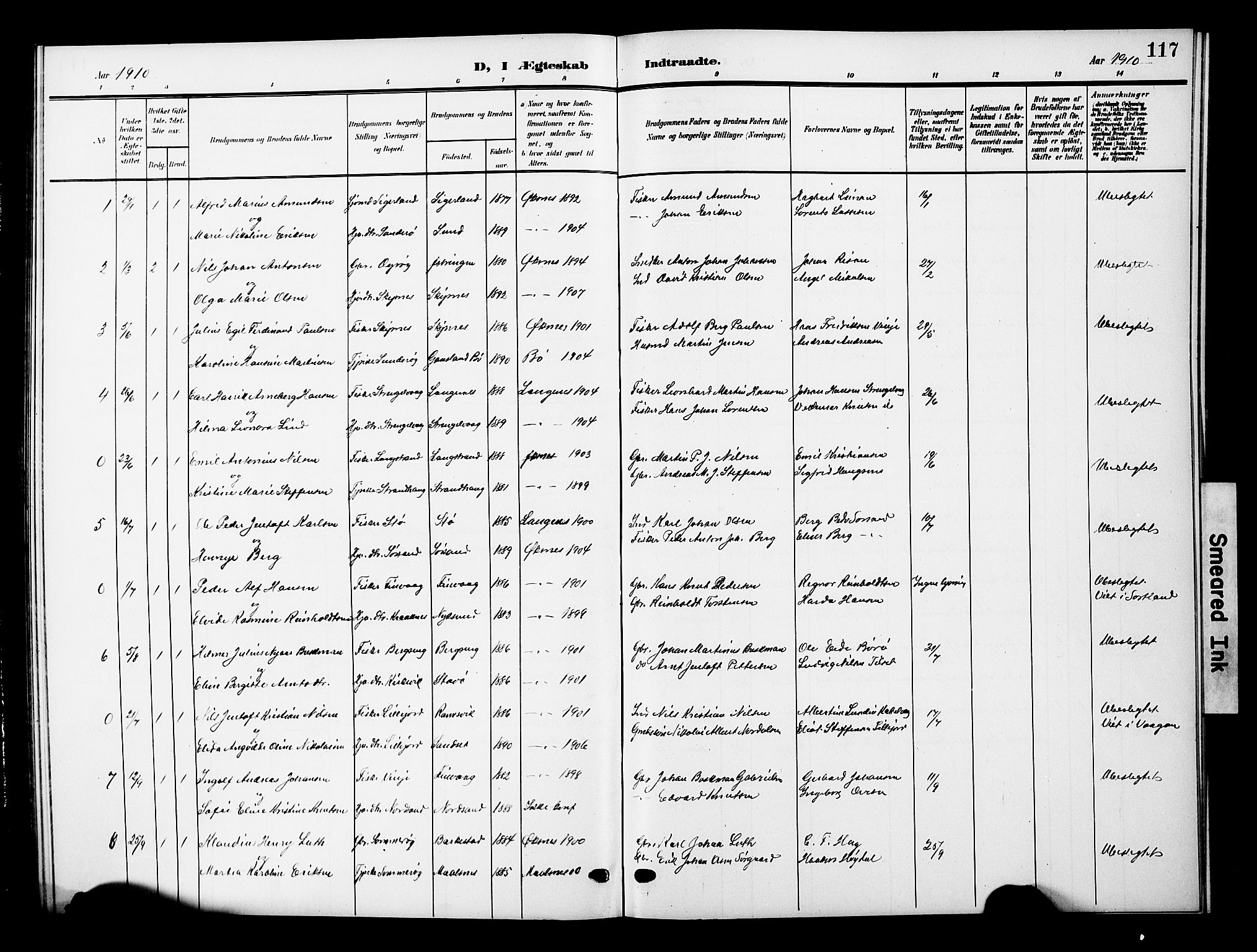 Ministerialprotokoller, klokkerbøker og fødselsregistre - Nordland, AV/SAT-A-1459/893/L1350: Parish register (copy) no. 893C05, 1906-1927, p. 117