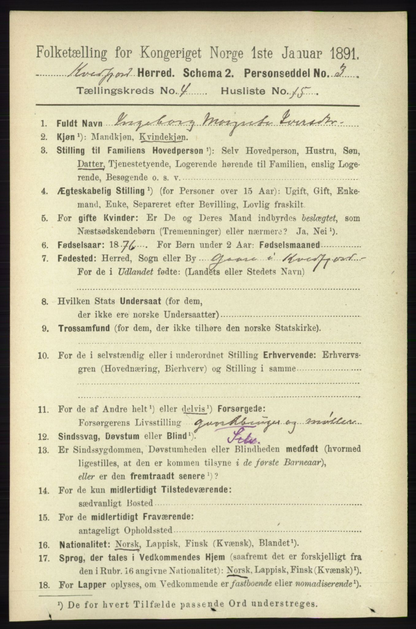 RA, 1891 census for 1911 Kvæfjord, 1891, p. 1981