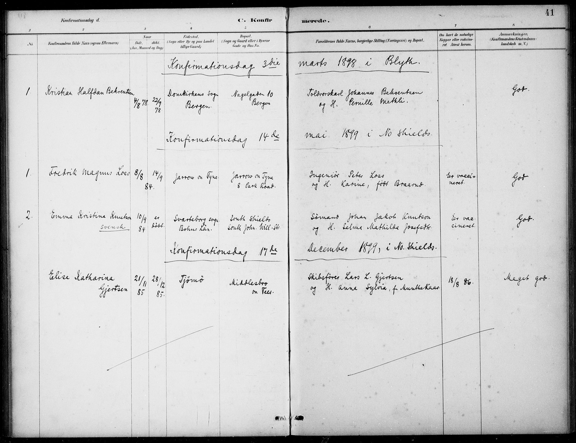 Den norske sjømannsmisjon i utlandet/Tyne-havnene (North Shields og New Castle), SAB/SAB/PA-0101/H/Ha/L0002: Parish register (official) no. A 2, 1883-1938, p. 41