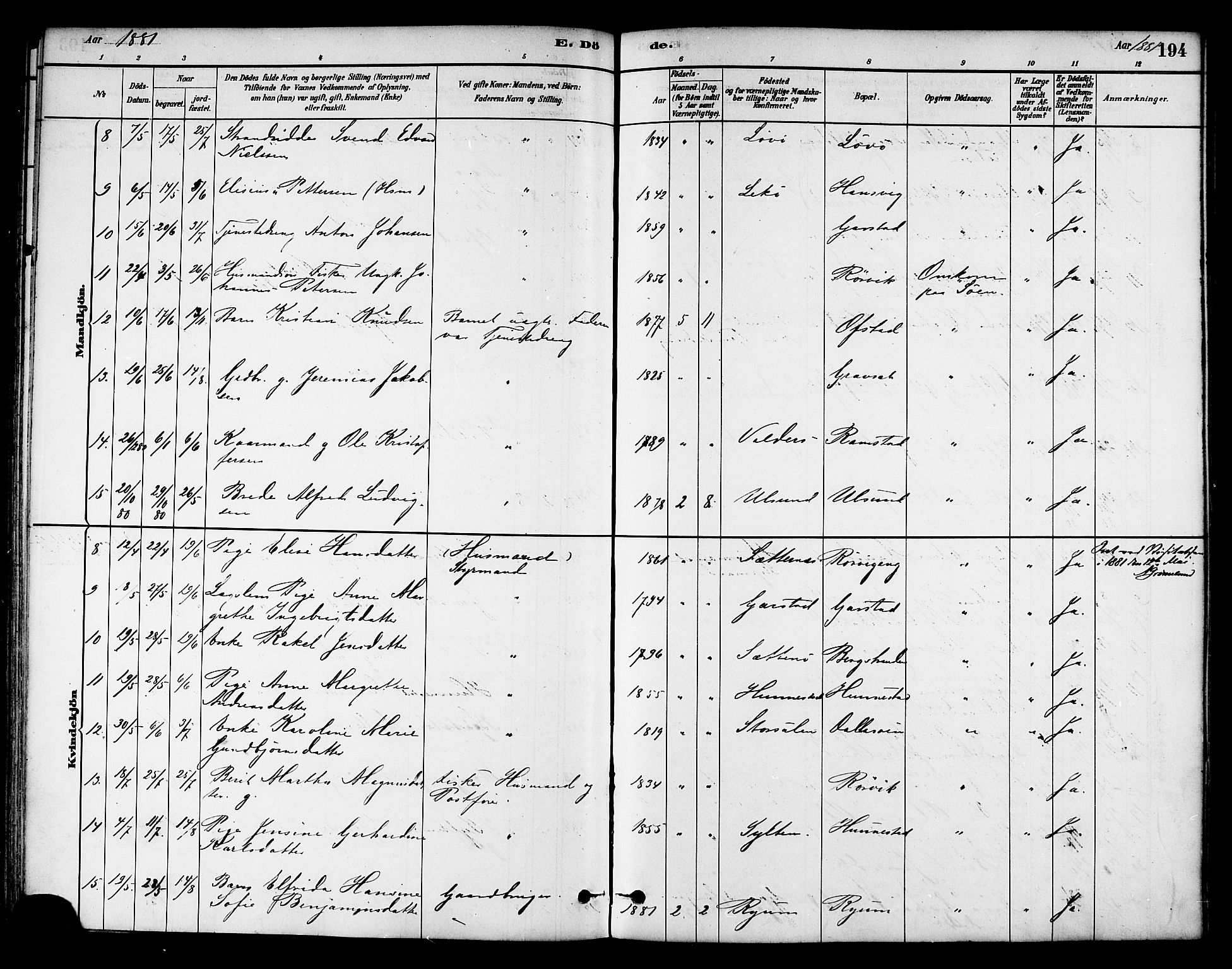 Ministerialprotokoller, klokkerbøker og fødselsregistre - Nord-Trøndelag, SAT/A-1458/786/L0686: Parish register (official) no. 786A02, 1880-1887, p. 194