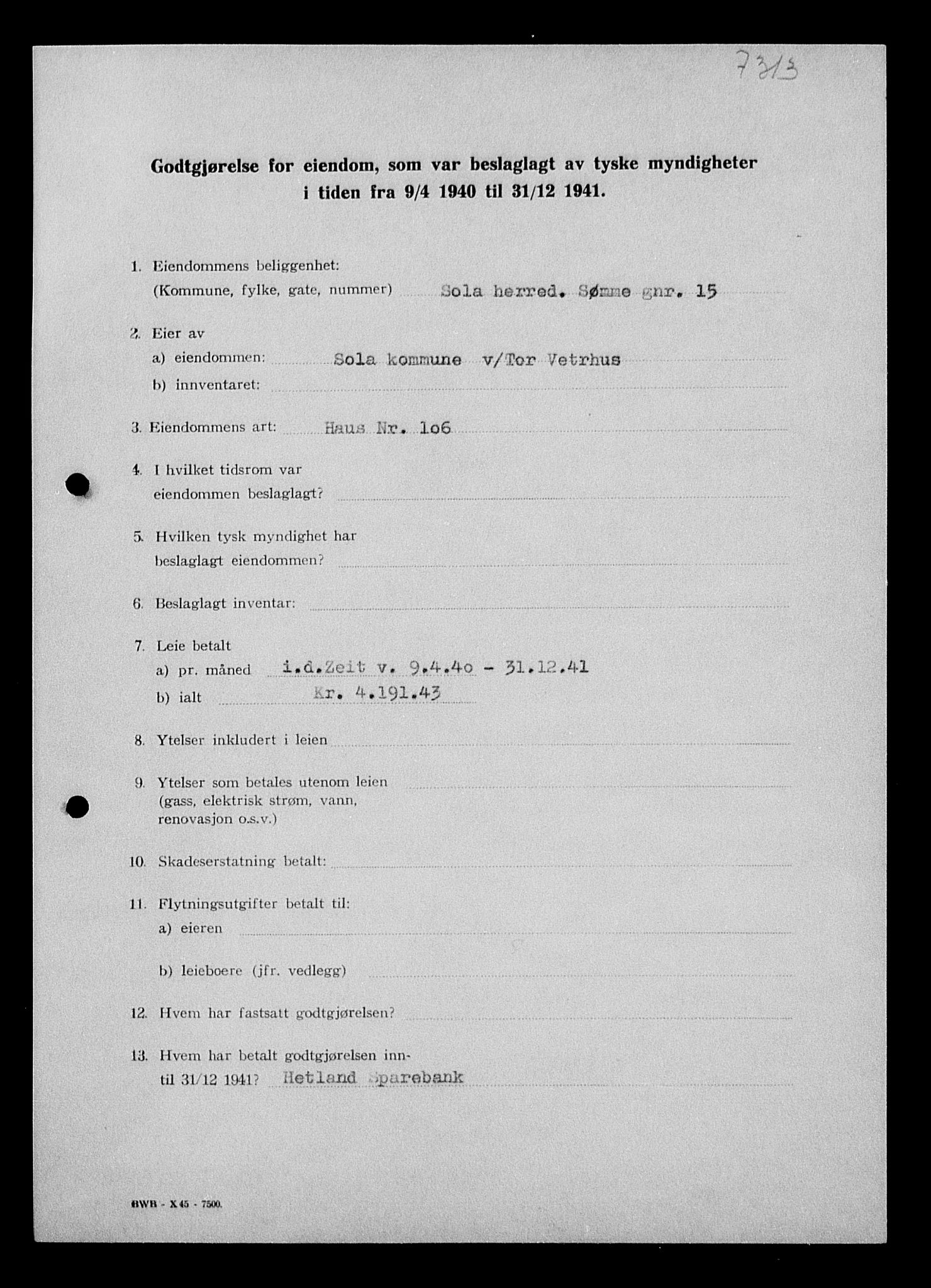 Justisdepartementet, Tilbakeføringskontoret for inndratte formuer, AV/RA-S-1564/I/L1014: Godtgjørelse for beslaglagt eiendom, 1940-1941, p. 460