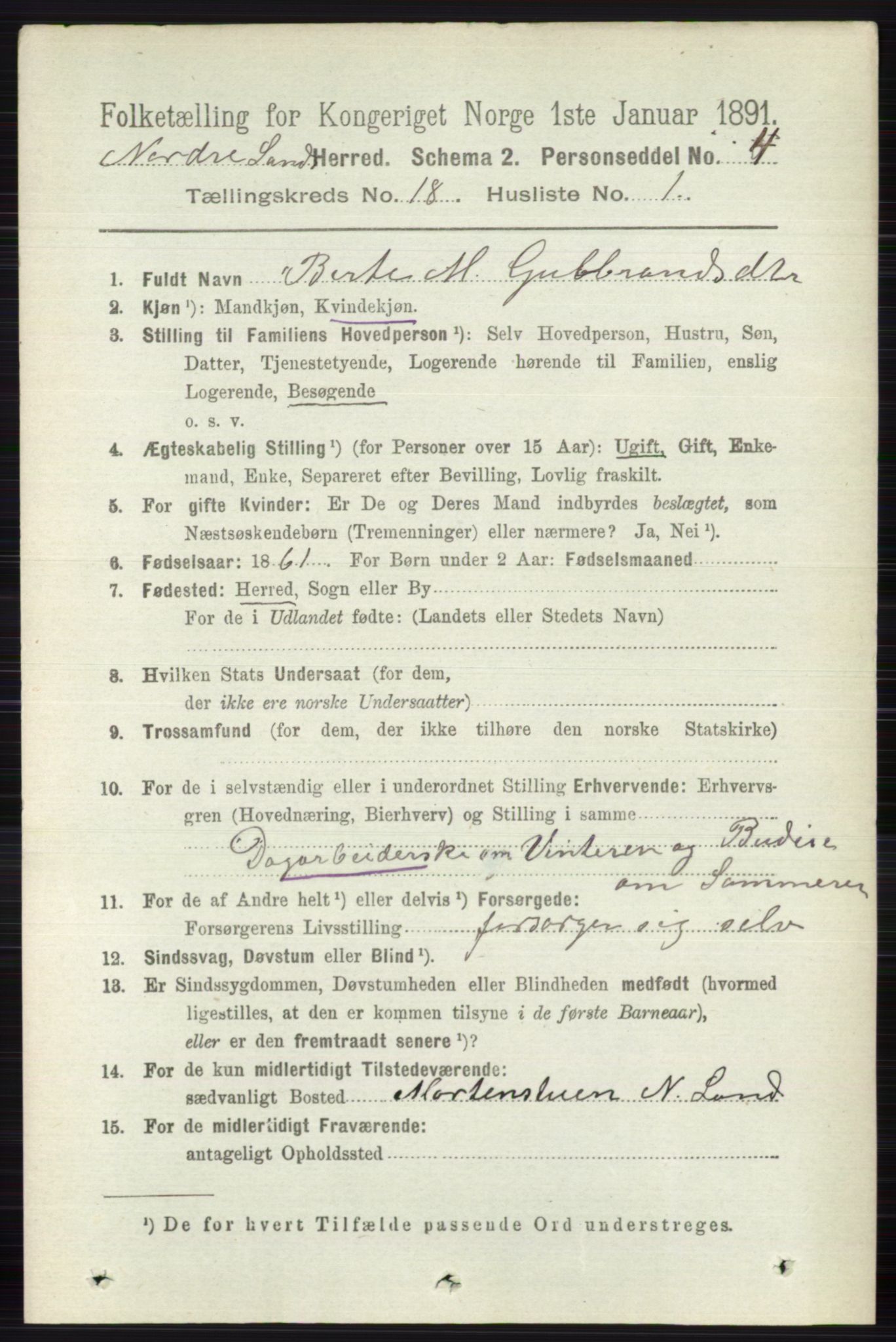 RA, 1891 census for 0538 Nordre Land, 1891, p. 4391