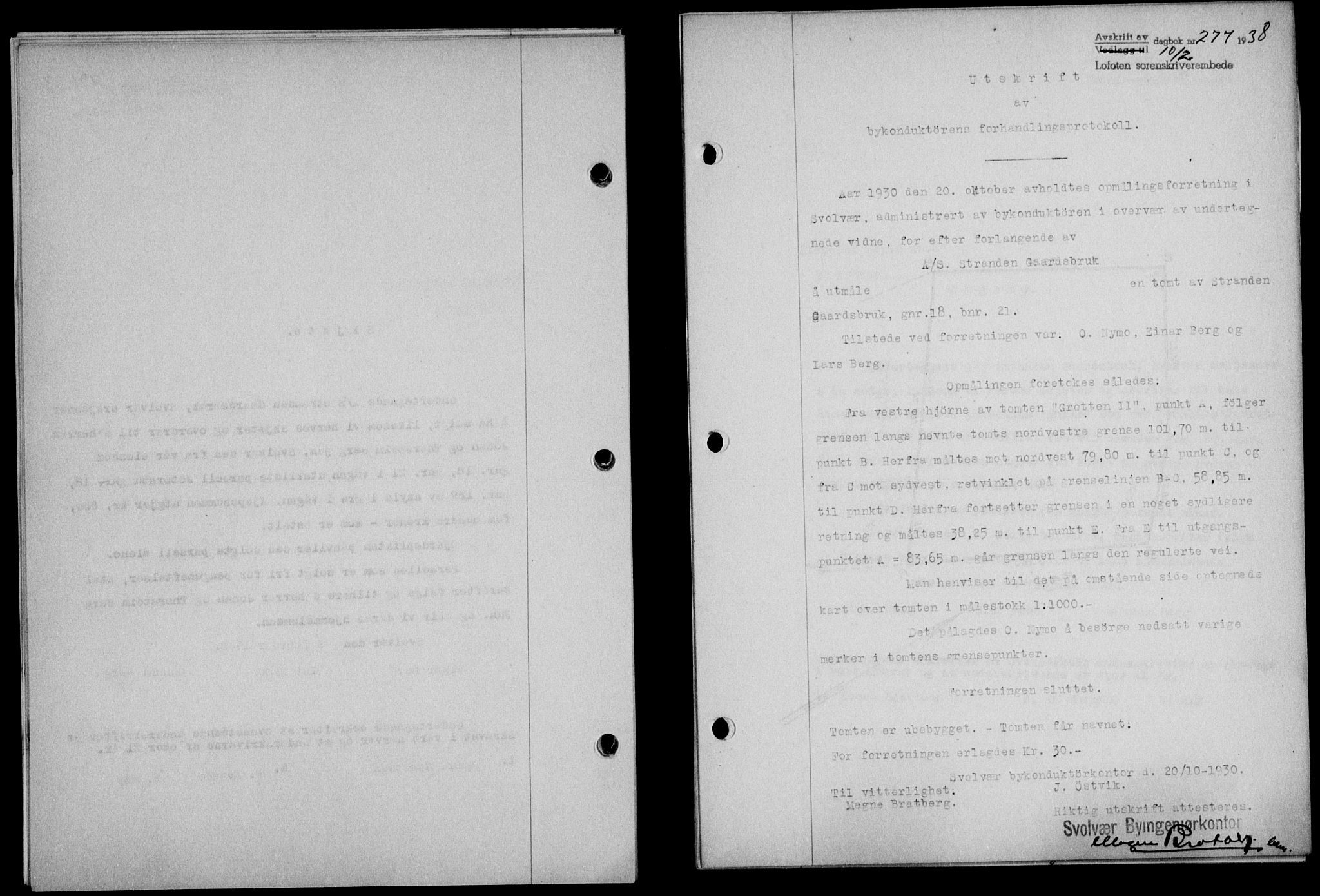 Lofoten sorenskriveri, SAT/A-0017/1/2/2C/L0003a: Mortgage book no. 3a, 1937-1938, Diary no: : 277/1938
