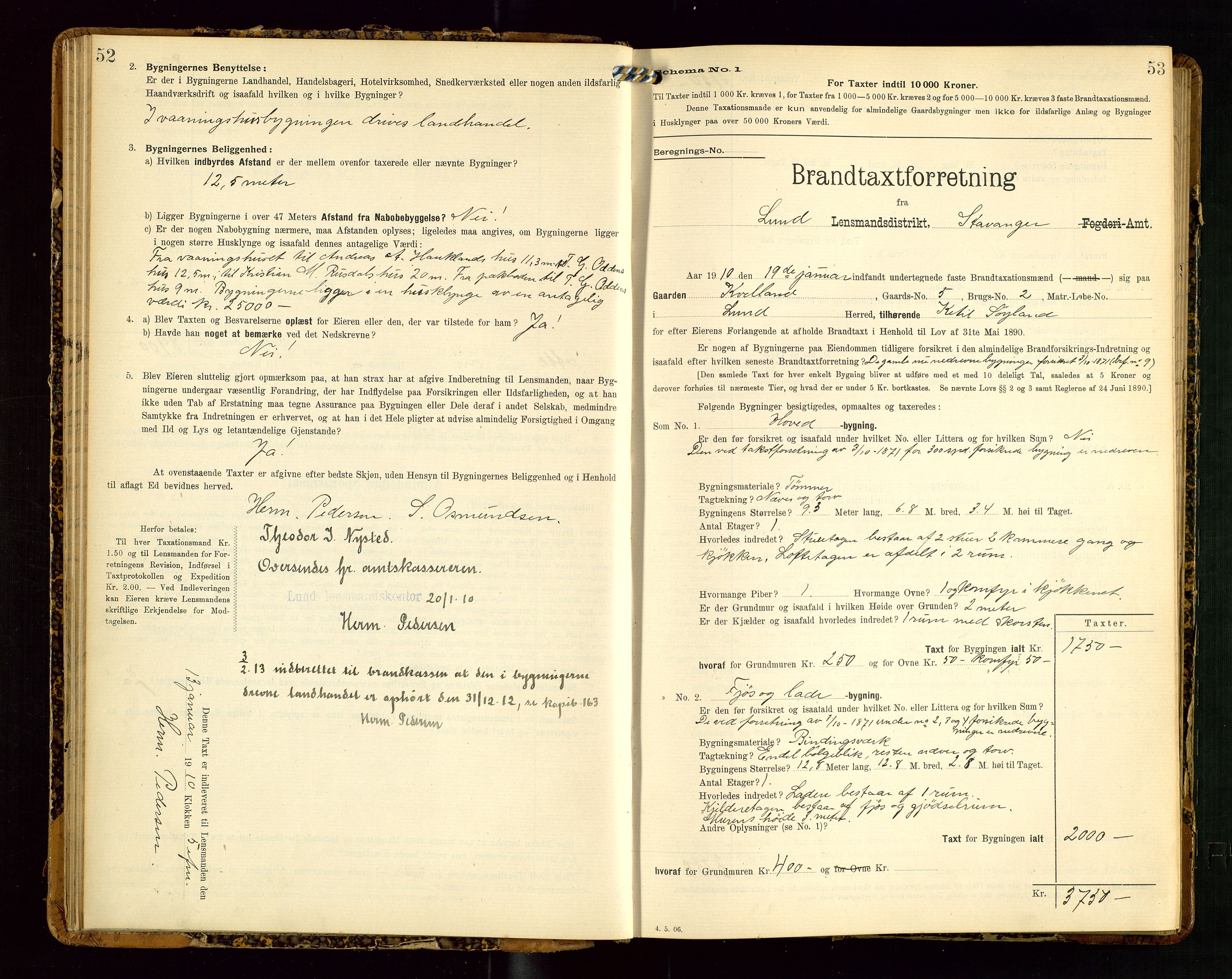 Lund lensmannskontor, SAST/A-100303/Gob/L0002: "Brandtakstprotokol", 1908-1918, p. 52-53