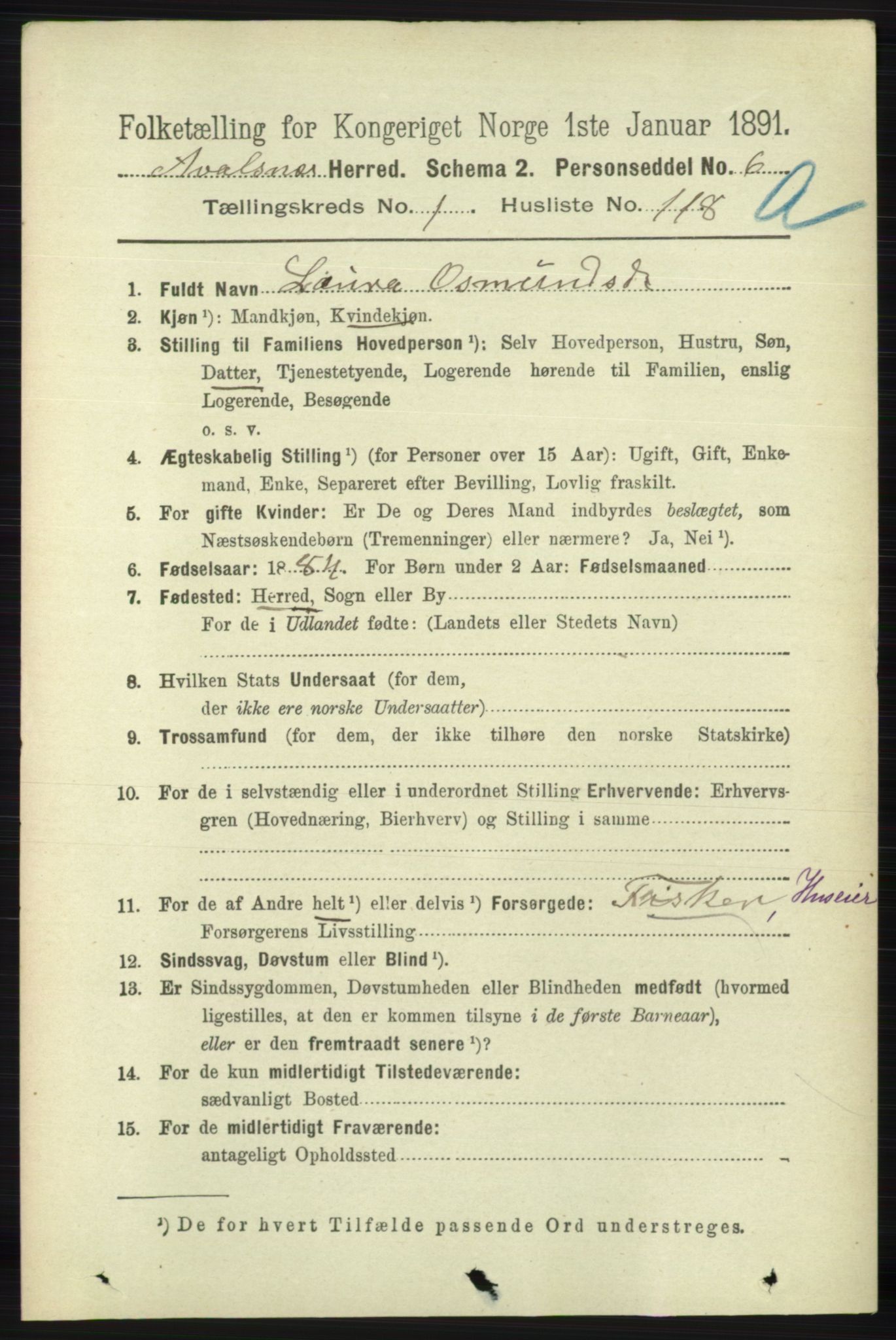 RA, 1891 census for 1147 Avaldsnes, 1891, p. 791