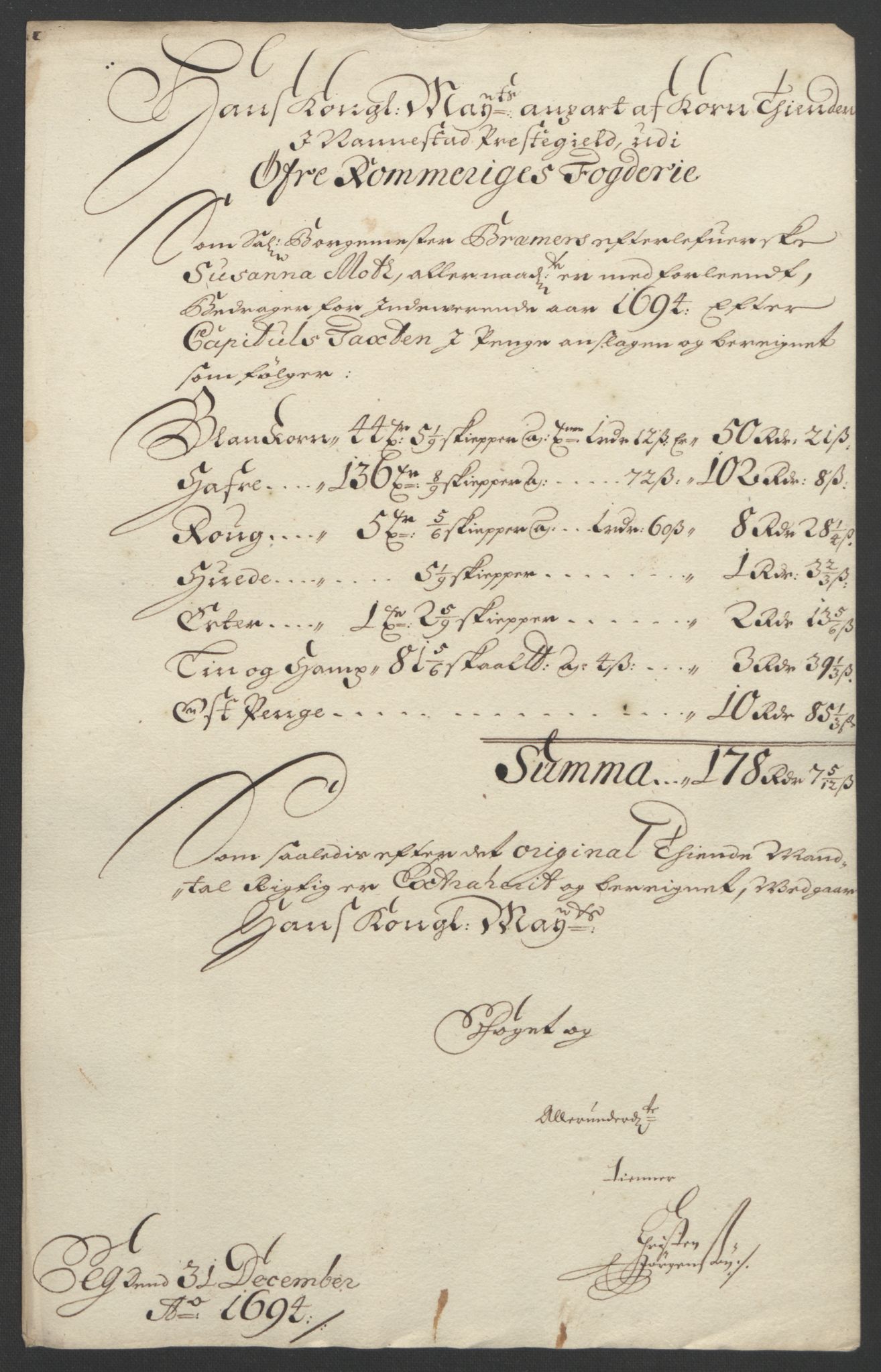 Rentekammeret inntil 1814, Reviderte regnskaper, Fogderegnskap, AV/RA-EA-4092/R12/L0706: Fogderegnskap Øvre Romerike, 1694, p. 56