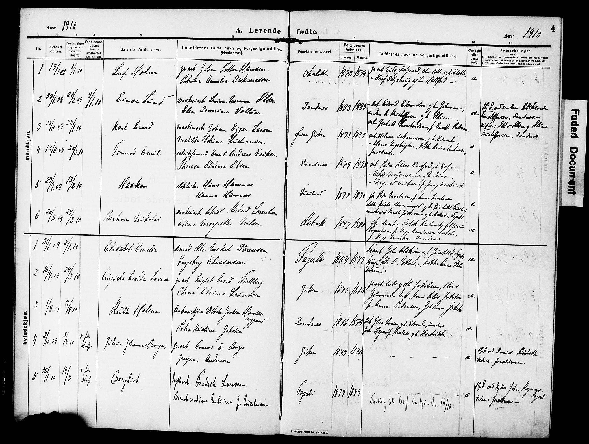 Ministerialprotokoller, klokkerbøker og fødselsregistre - Nordland, AV/SAT-A-1459/850/L0710: Parish register (official) no. 850A02, 1910-1920, p. 4