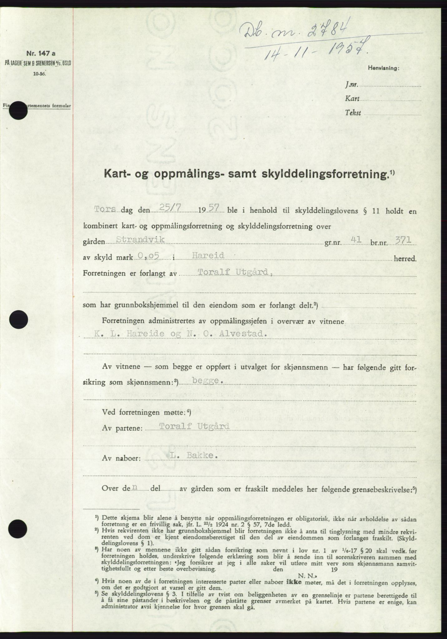 Søre Sunnmøre sorenskriveri, AV/SAT-A-4122/1/2/2C/L0108: Mortgage book no. 34A, 1957-1958, Diary no: : 2784/1957