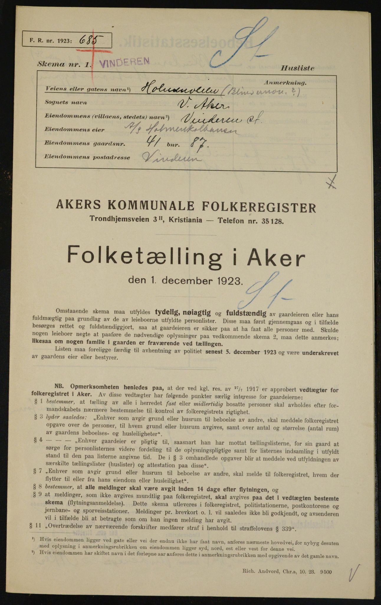 , Municipal Census 1923 for Aker, 1923, p. 11628