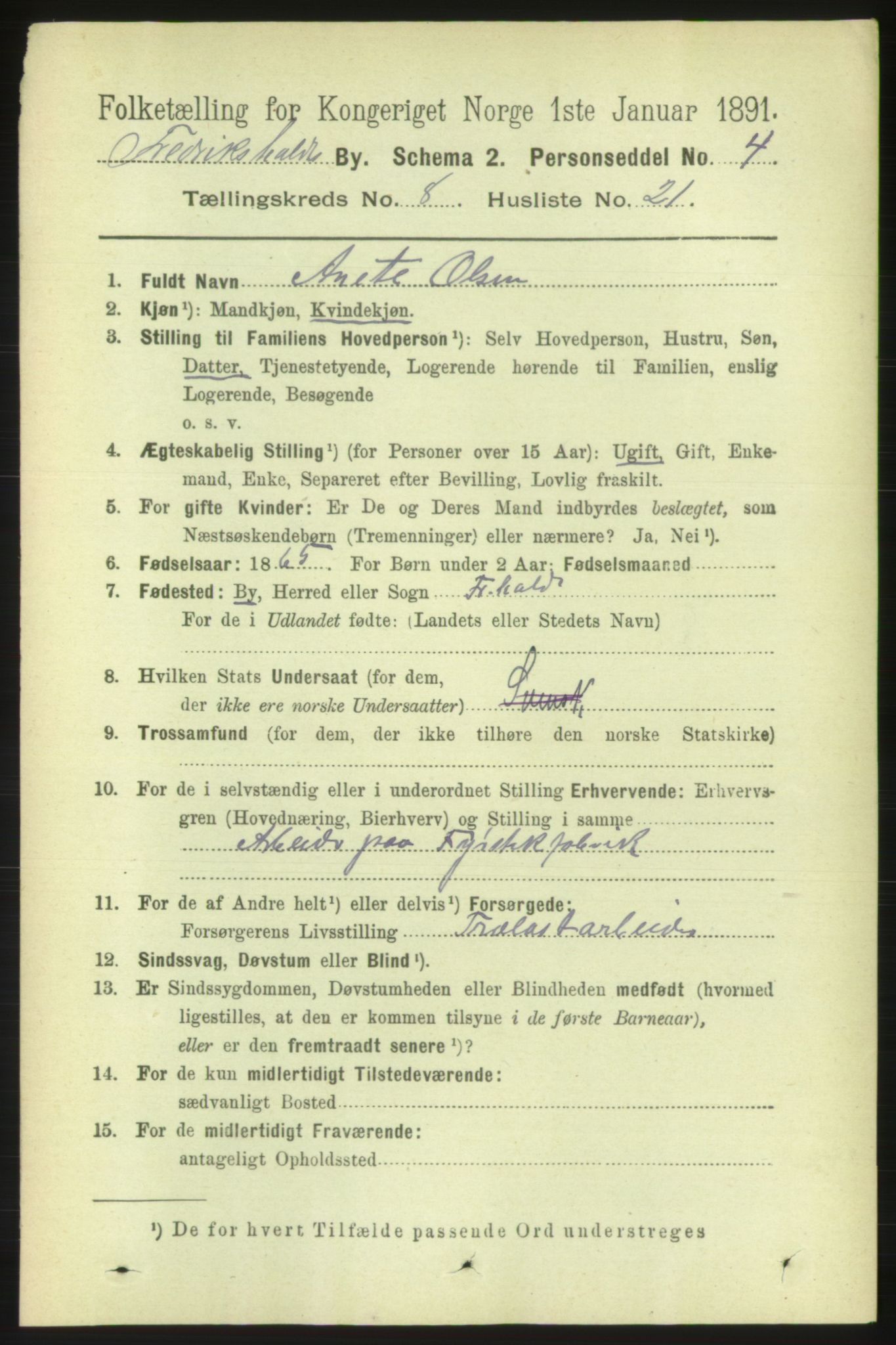 RA, 1891 census for 0101 Fredrikshald, 1891, p. 5679