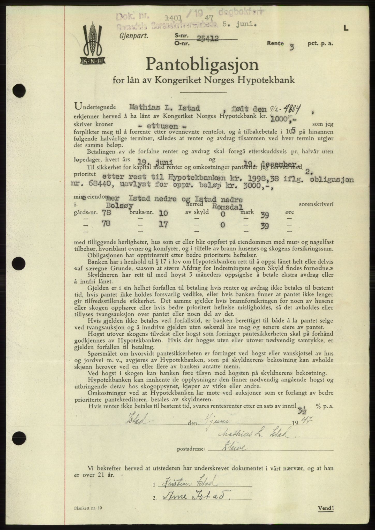 Romsdal sorenskriveri, AV/SAT-A-4149/1/2/2C: Mortgage book no. B3, 1946-1948, Diary no: : 1401/1947