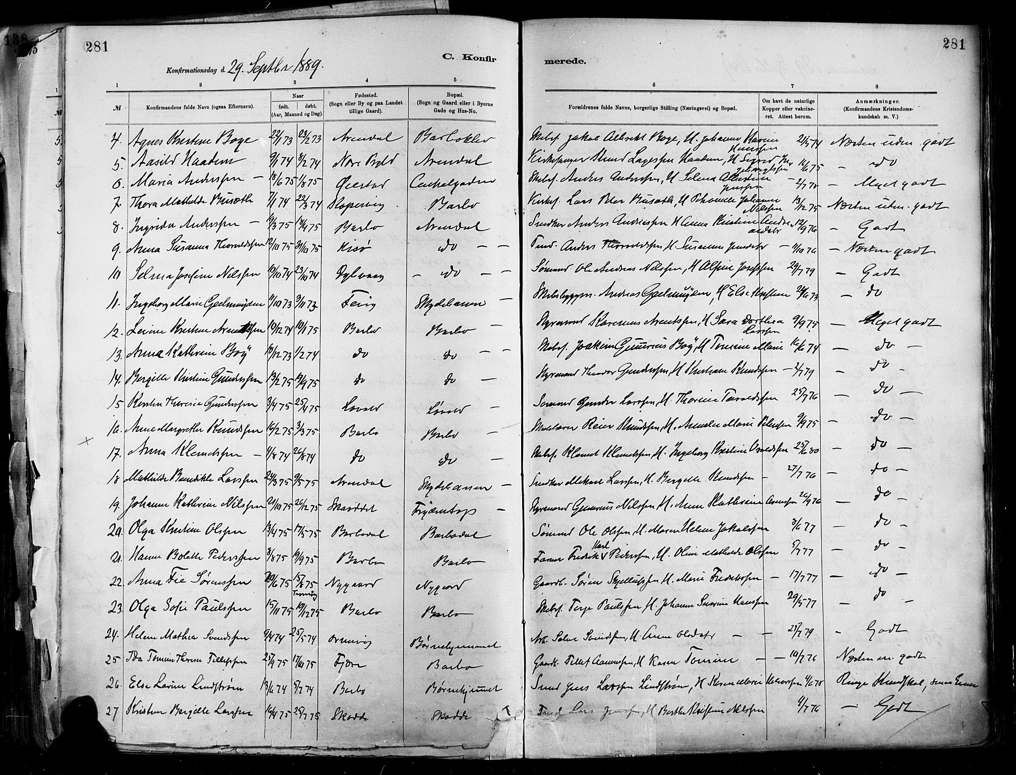 Barbu sokneprestkontor, AV/SAK-1111-0003/F/Fa/L0002: Parish register (official) no. A 2, 1883-1898, p. 281