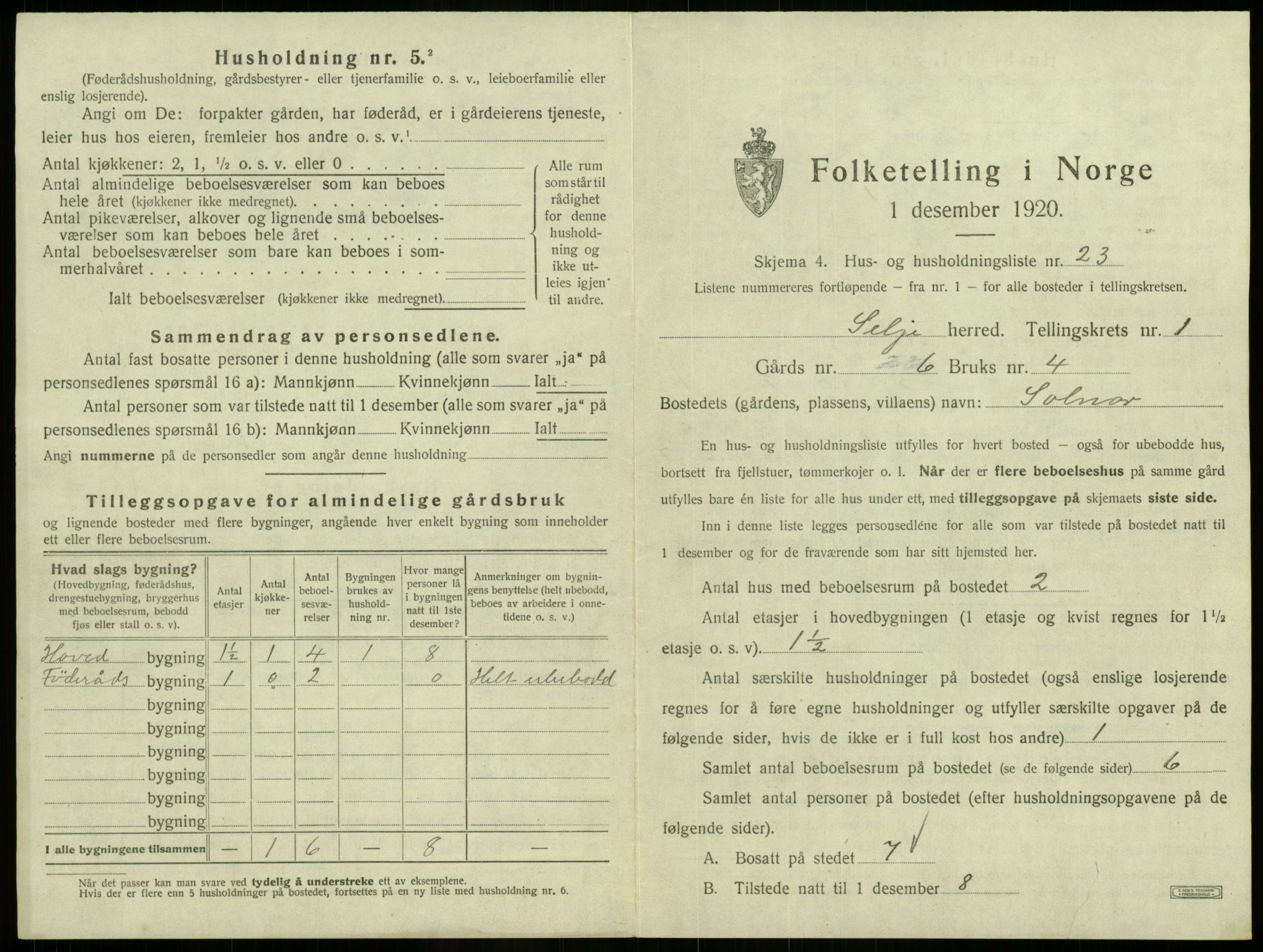 SAB, 1920 census for Selje, 1920, p. 115