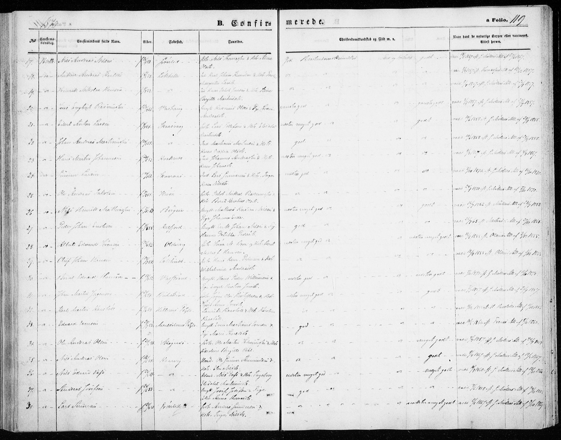 Lenvik sokneprestembete, AV/SATØ-S-1310/H/Ha/Haa/L0009kirke: Parish register (official) no. 9, 1866-1873, p. 119