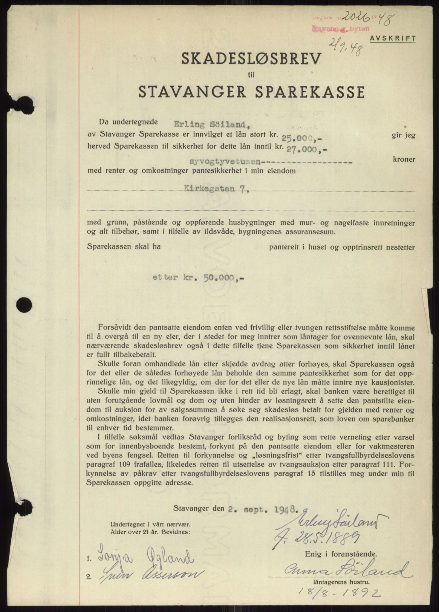 Stavanger byrett, SAST/A-100455/002/G/Gb/L0032: Mortgage book, 1947-1950, Diary no: : 2026/1948