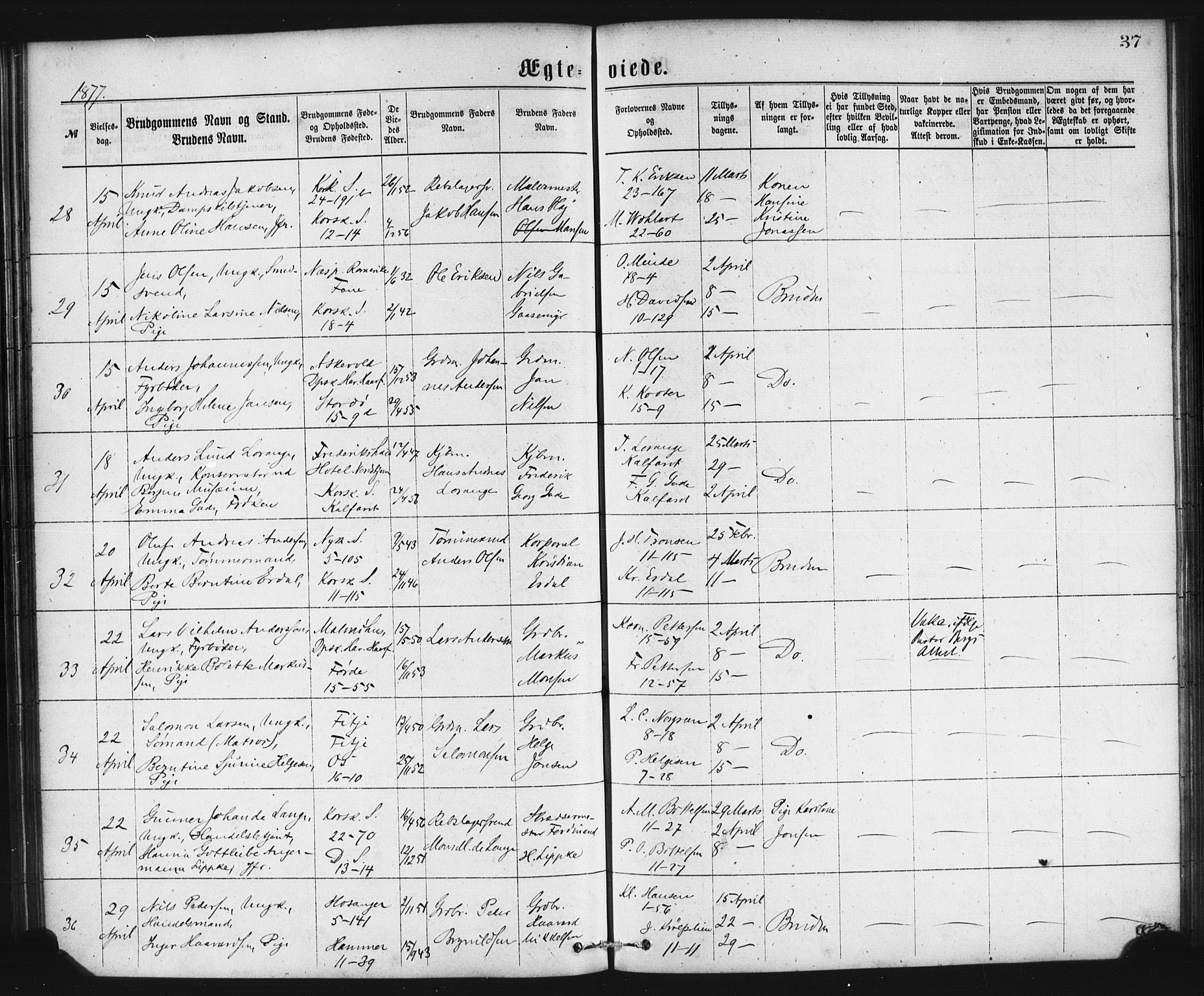 Domkirken sokneprestembete, AV/SAB-A-74801/H/Haa/L0036: Parish register (official) no. D 3, 1875-1880, p. 37