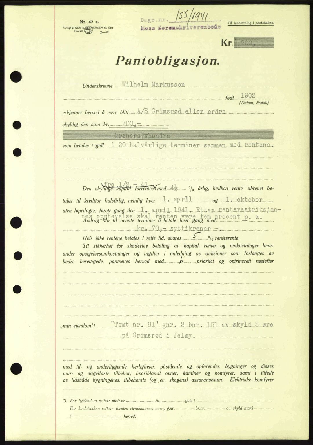 Moss sorenskriveri, SAO/A-10168: Mortgage book no. B10, 1940-1941, Diary no: : 155/1941