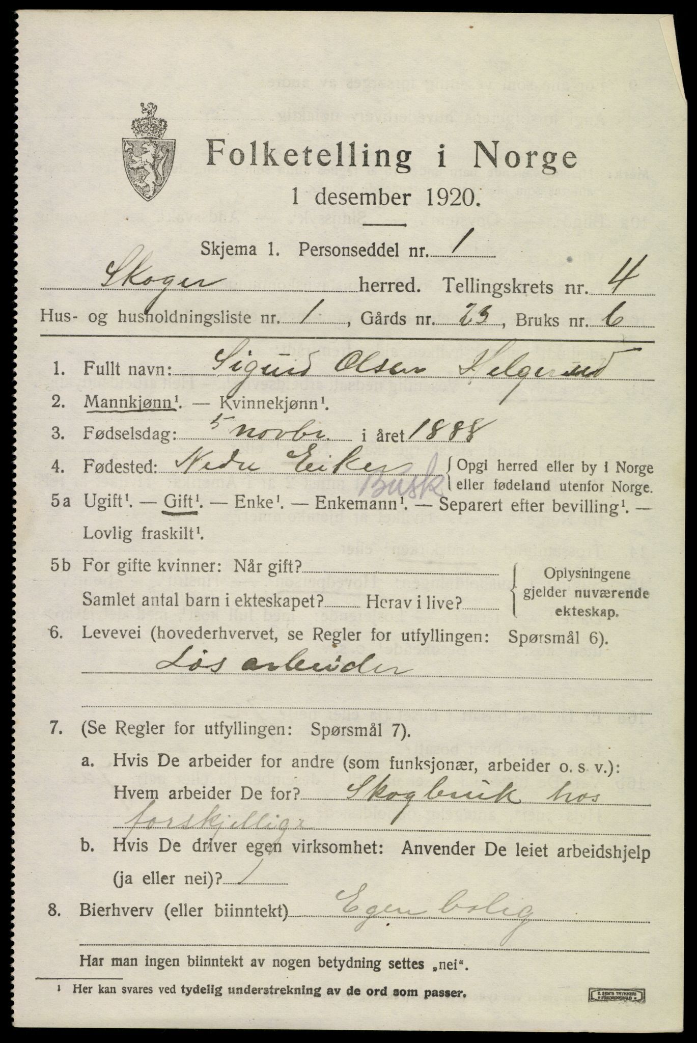 SAKO, 1920 census for Skoger, 1920, p. 9907