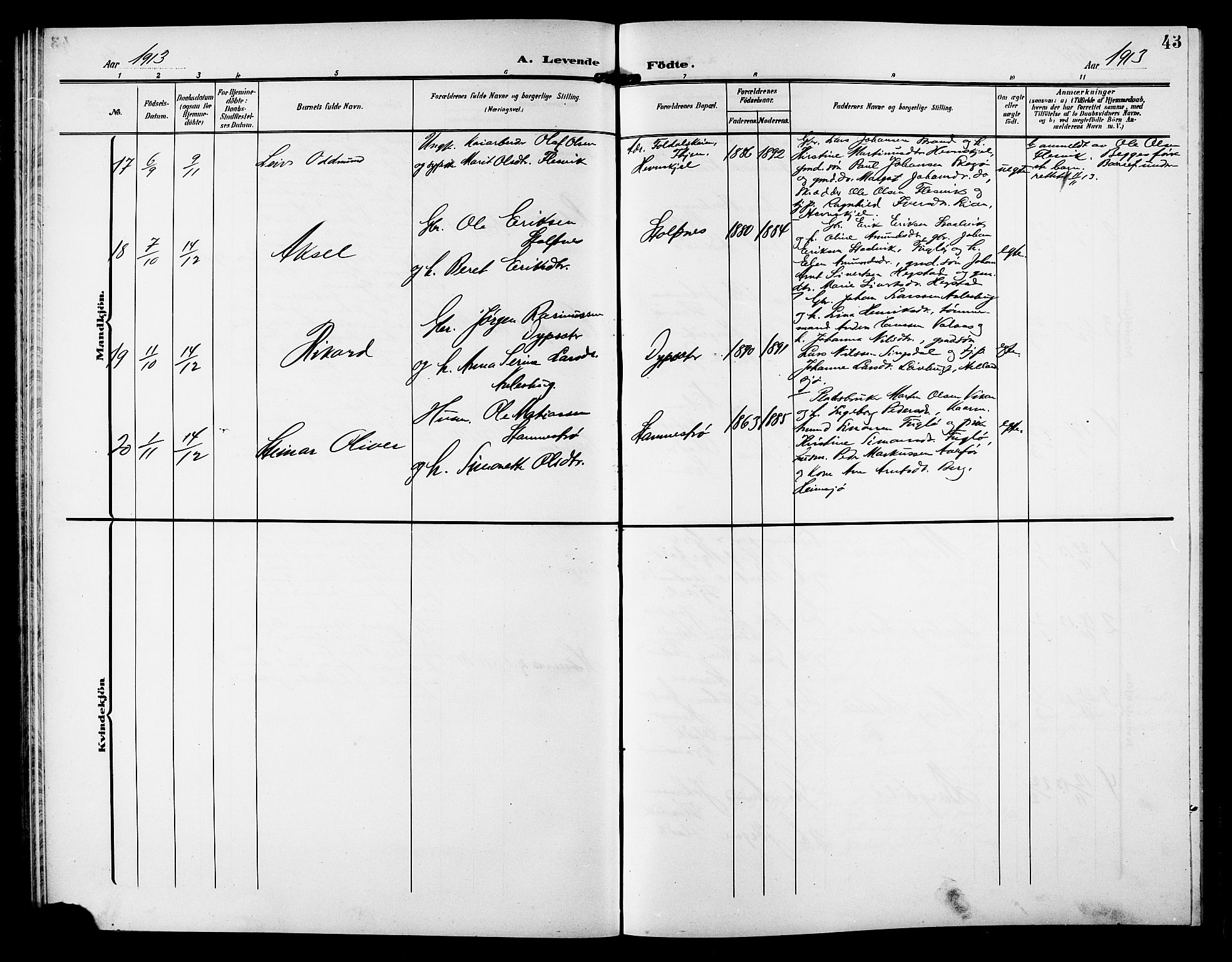 Ministerialprotokoller, klokkerbøker og fødselsregistre - Sør-Trøndelag, AV/SAT-A-1456/633/L0520: Parish register (copy) no. 633C02, 1906-1921, p. 43