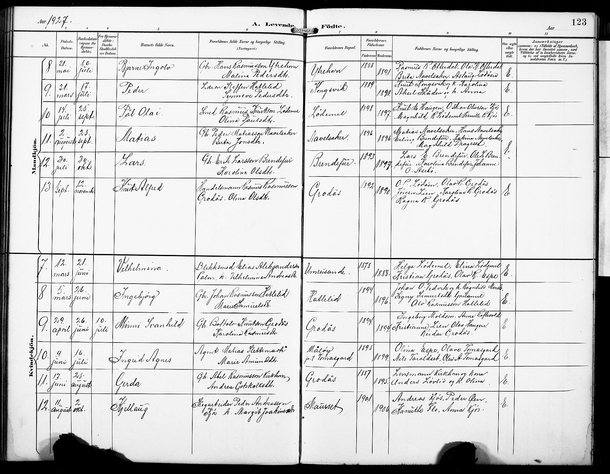 Hornindal sokneprestembete, AV/SAB-A-82401/H/Hab: Parish register (copy) no. A 2, 1894-1927, p. 123