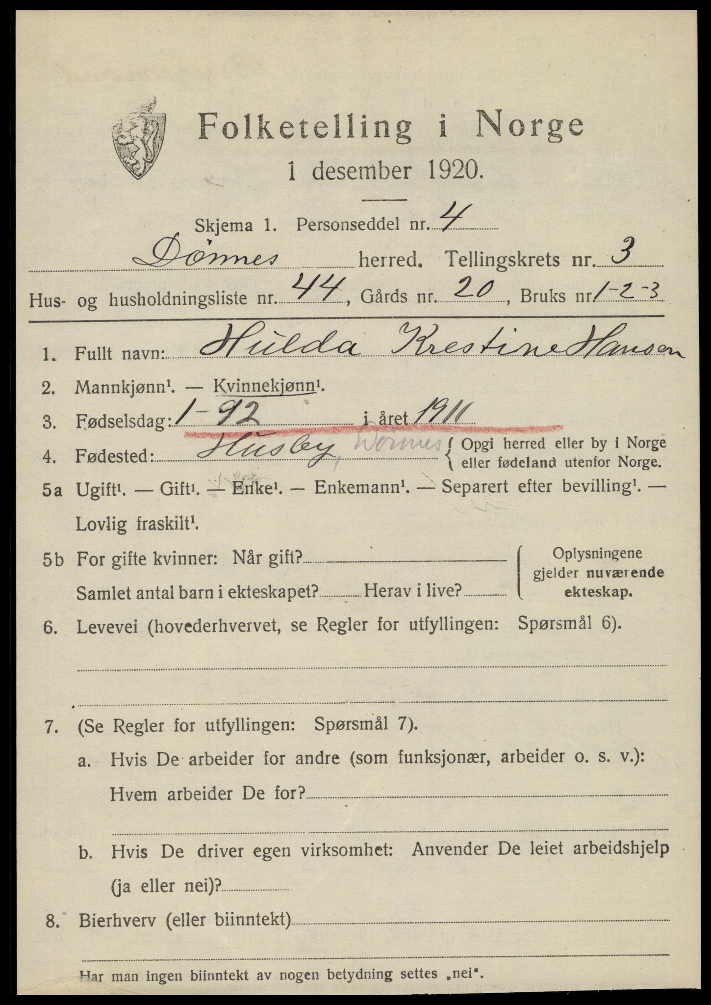 SAT, 1920 census for Dønnes, 1920, p. 2144