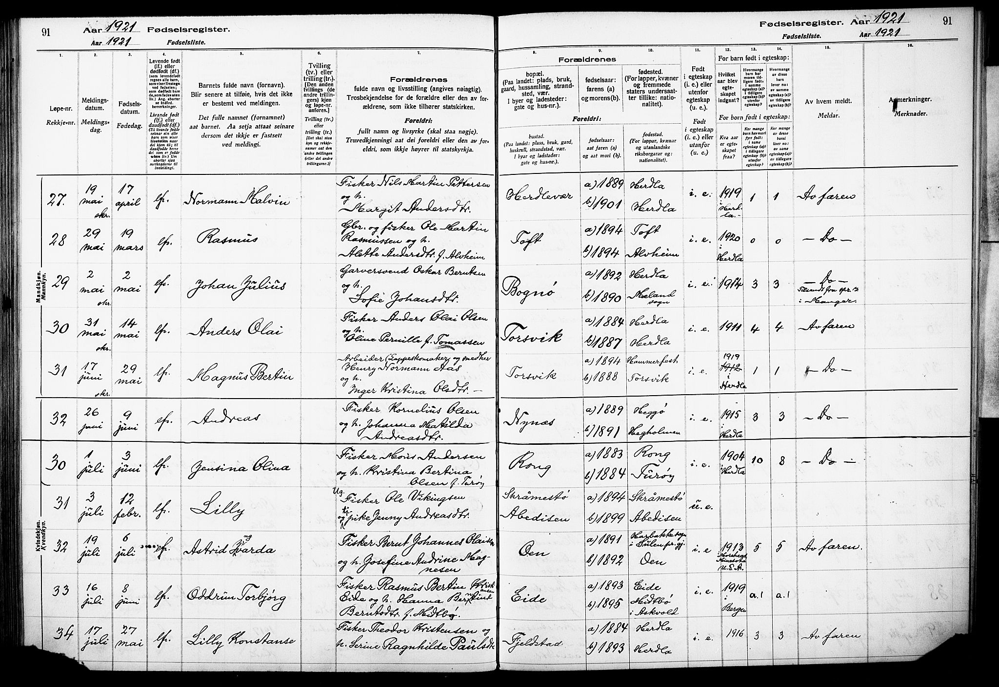 Herdla Sokneprestembete, AV/SAB-A-75701/I/Id/L00A1: Birth register no. A 1, 1916-1929, p. 91