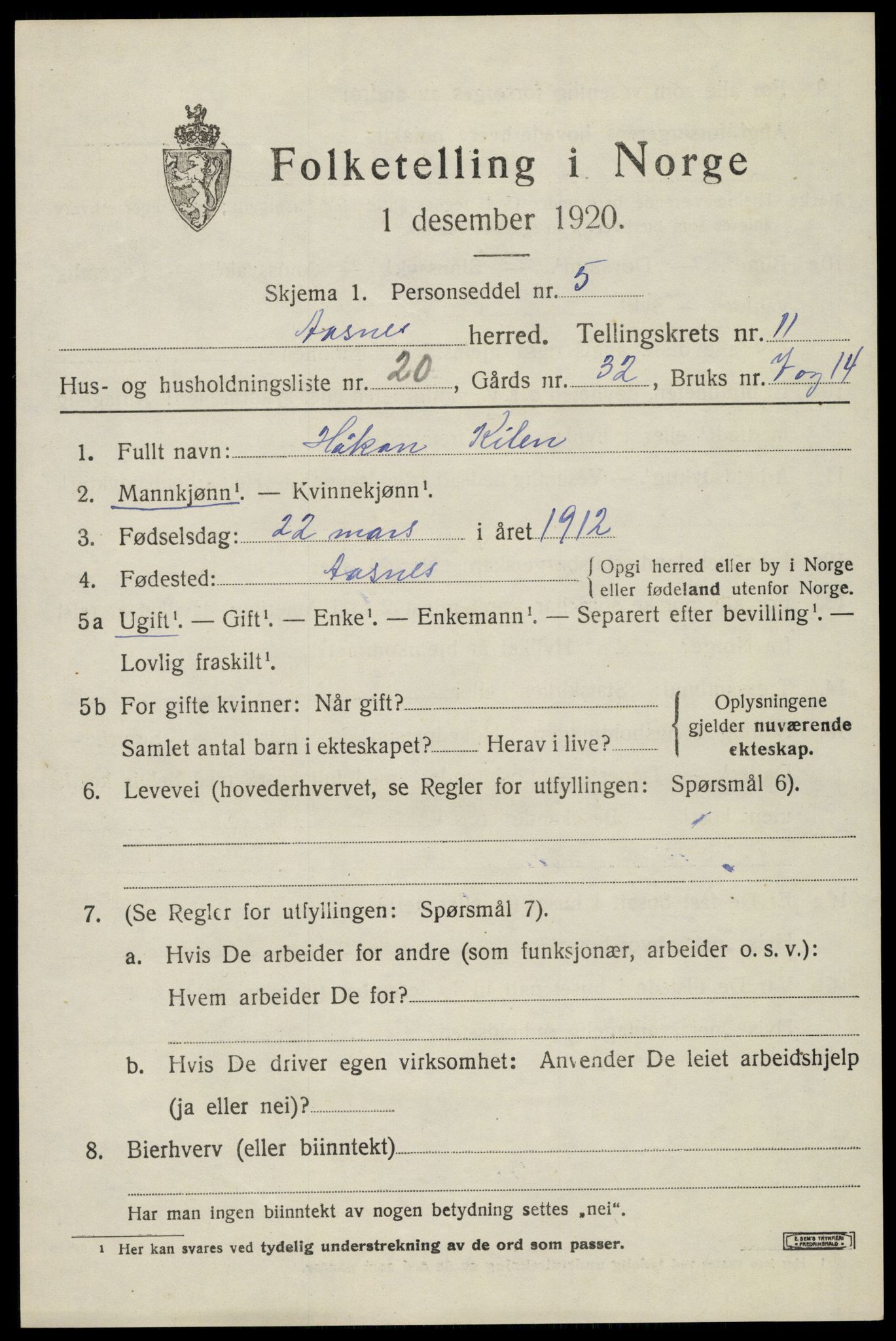 SAH, 1920 census for Åsnes, 1920, p. 11730