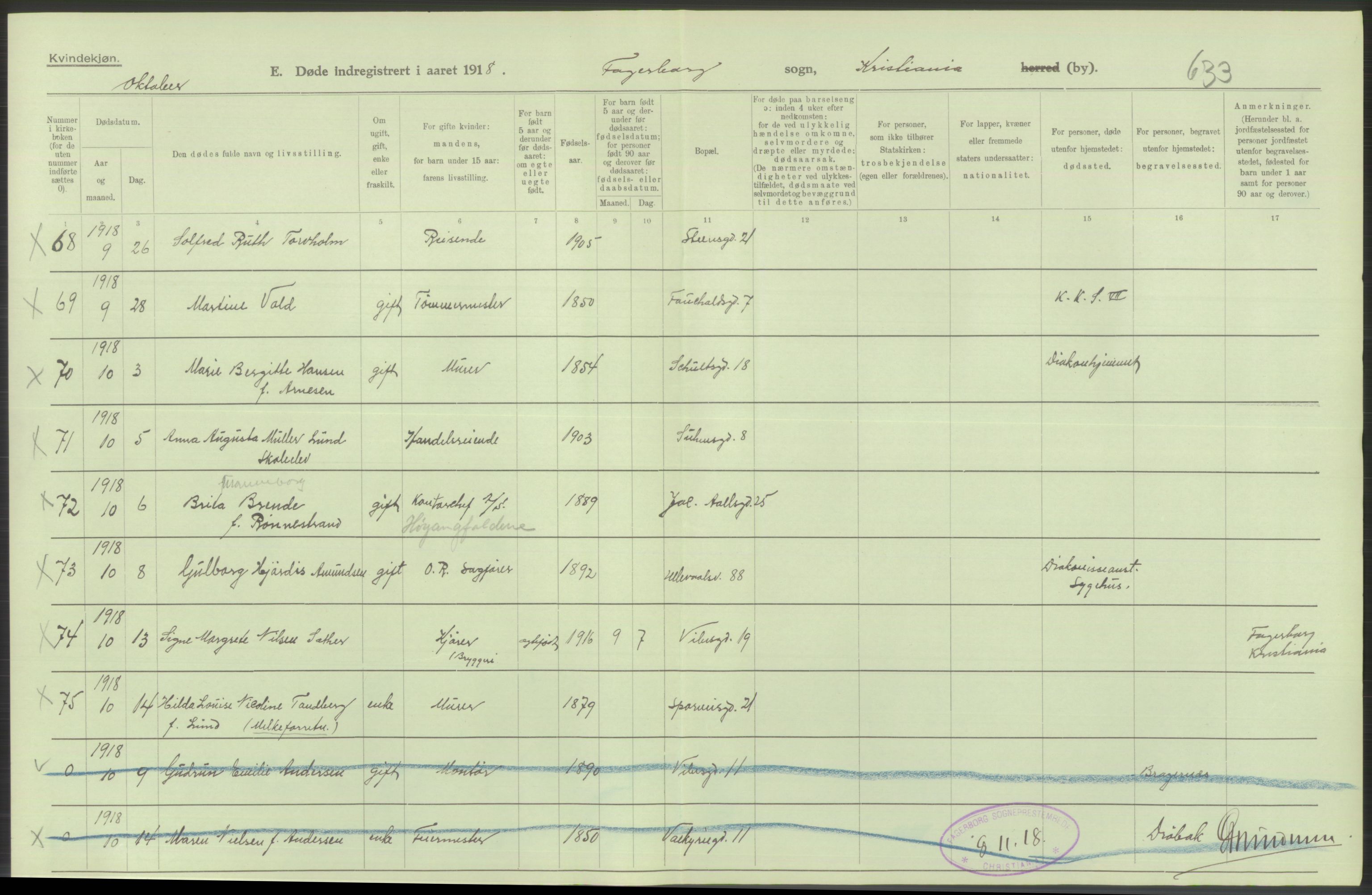 Statistisk sentralbyrå, Sosiodemografiske emner, Befolkning, AV/RA-S-2228/D/Df/Dfb/Dfbh/L0010: Kristiania: Døde, 1918, p. 294