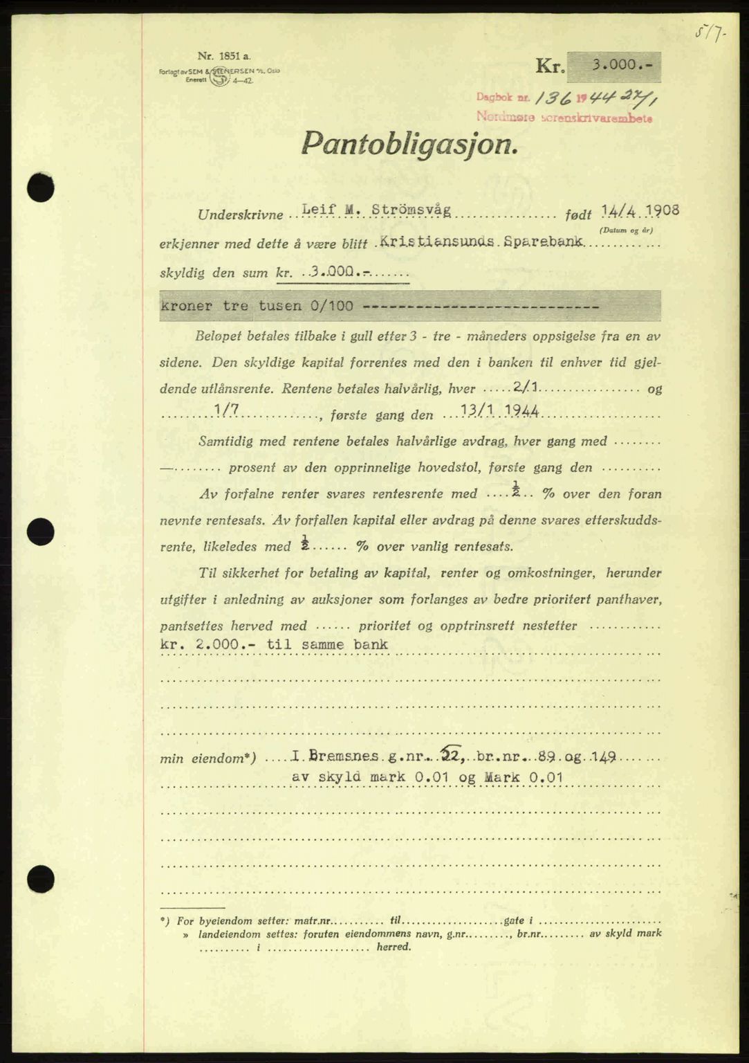 Nordmøre sorenskriveri, AV/SAT-A-4132/1/2/2Ca: Mortgage book no. B91, 1943-1944, Diary no: : 136/1944