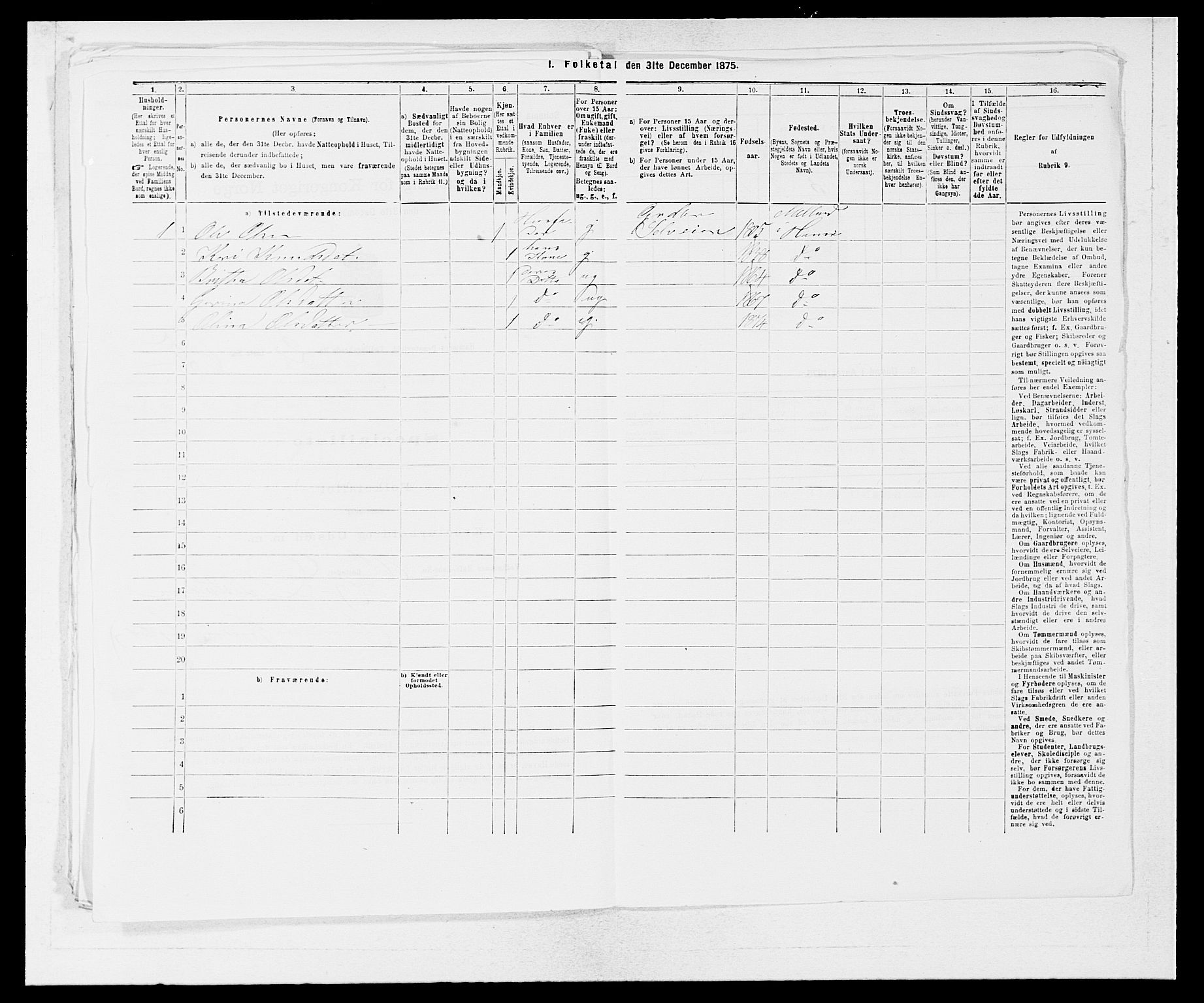 SAB, 1875 census for 1254P Hamre, 1875, p. 302