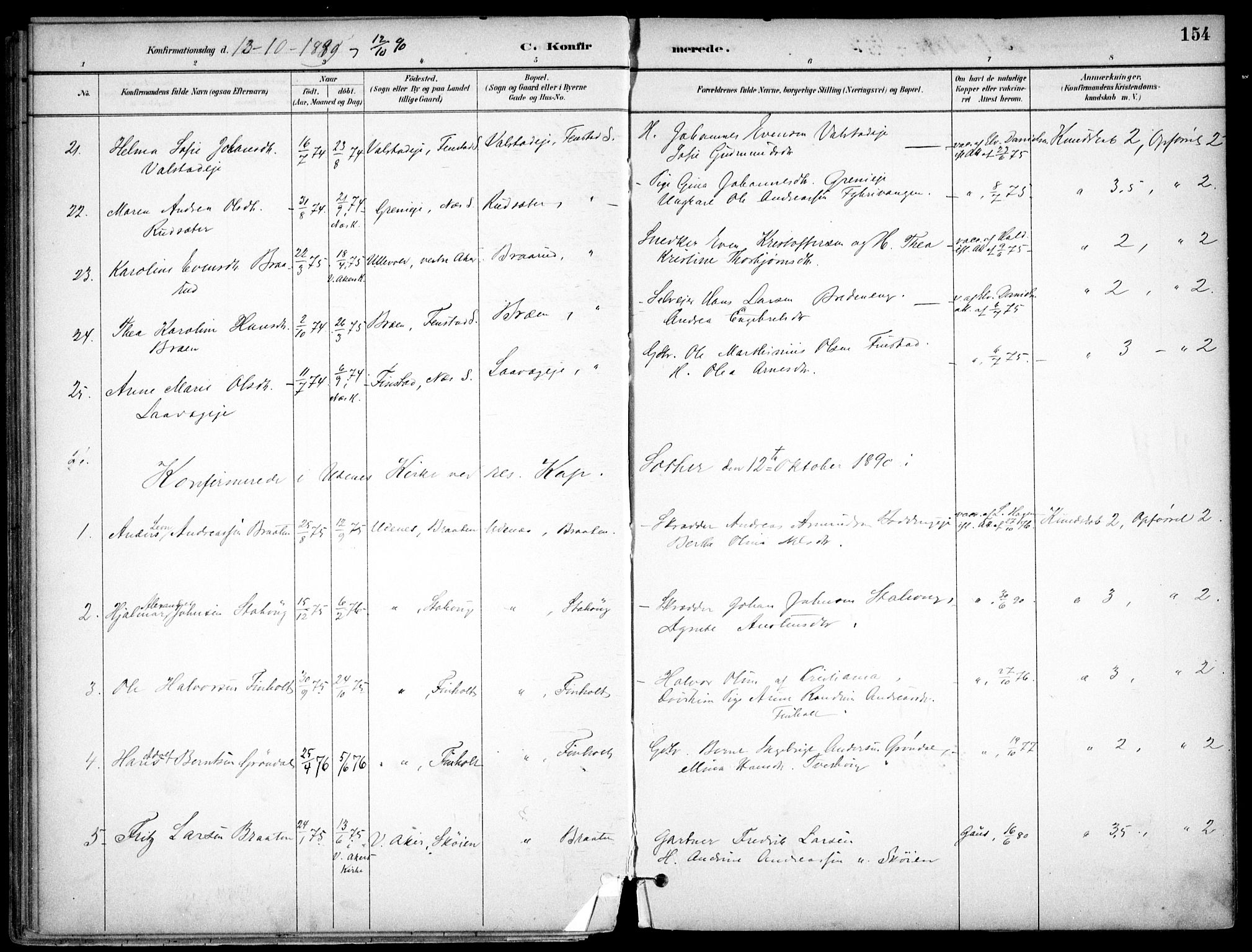 Nes prestekontor Kirkebøker, AV/SAO-A-10410/F/Fc/L0002: Parish register (official) no. IIi 2, 1882-1916, p. 154