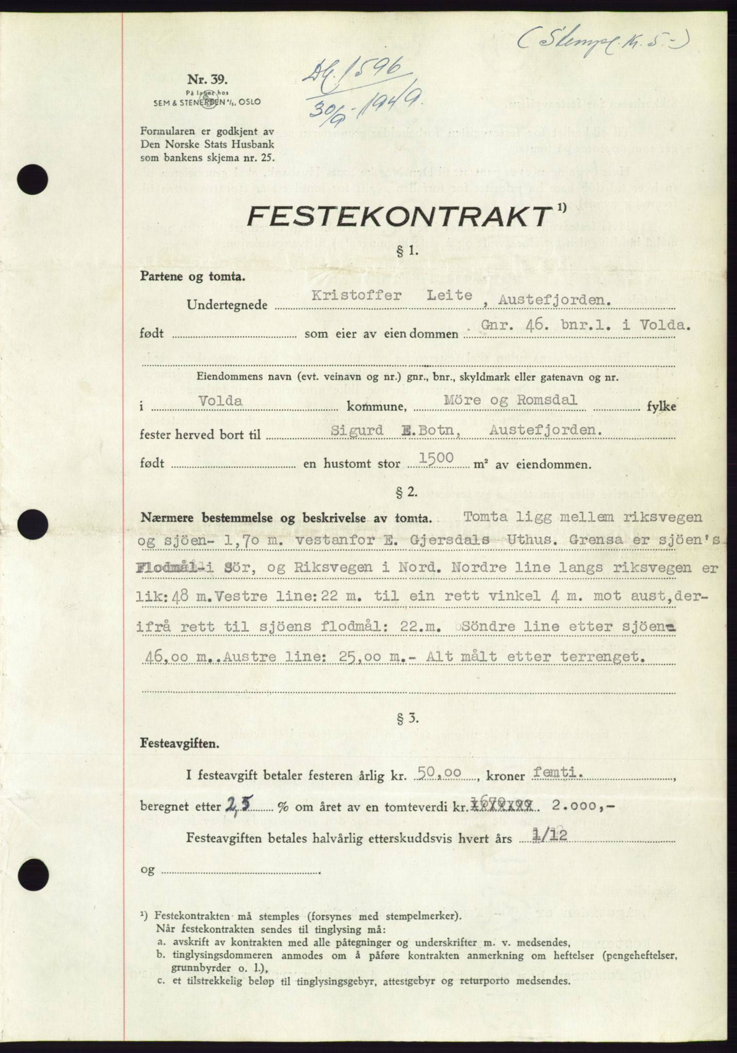 Søre Sunnmøre sorenskriveri, AV/SAT-A-4122/1/2/2C/L0085: Mortgage book no. 11A, 1949-1949, Diary no: : 1596/1949