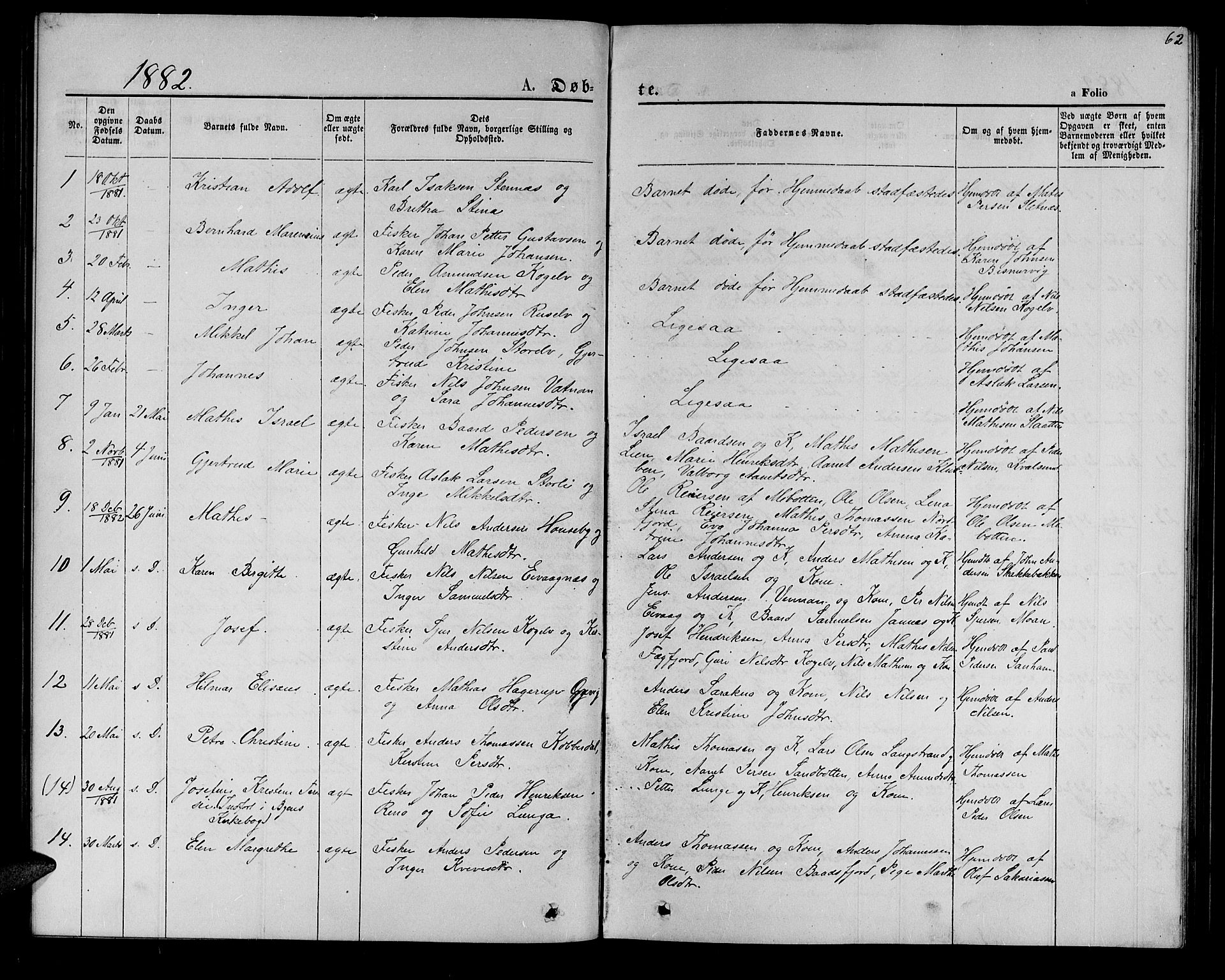 Hammerfest sokneprestkontor, SATØ/S-1347/H/Hb/L0005.klokk: Parish register (copy) no. 5, 1869-1884, p. 62