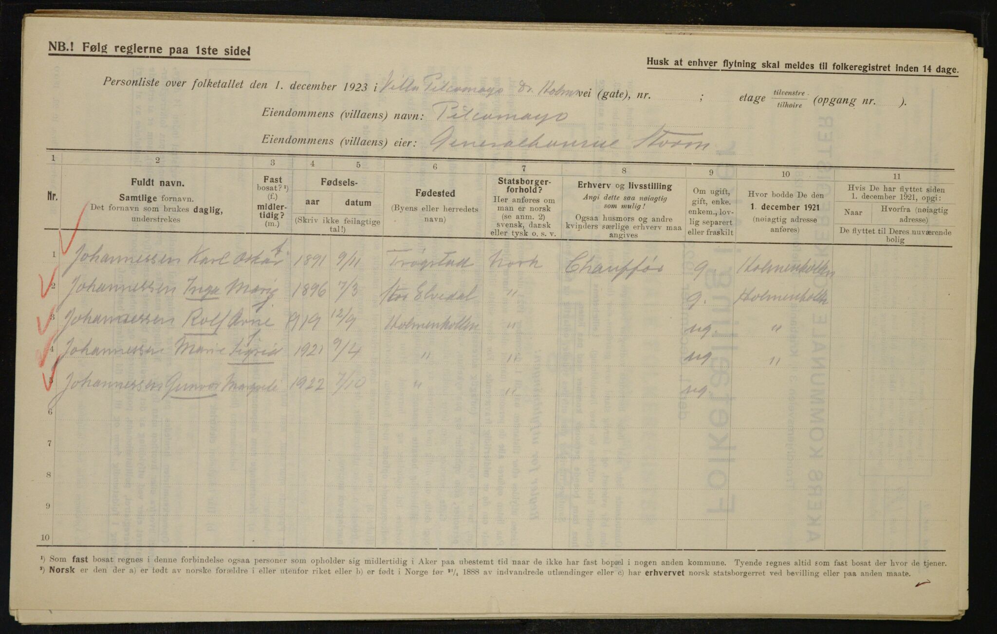 , Municipal Census 1923 for Aker, 1923, p. 11644