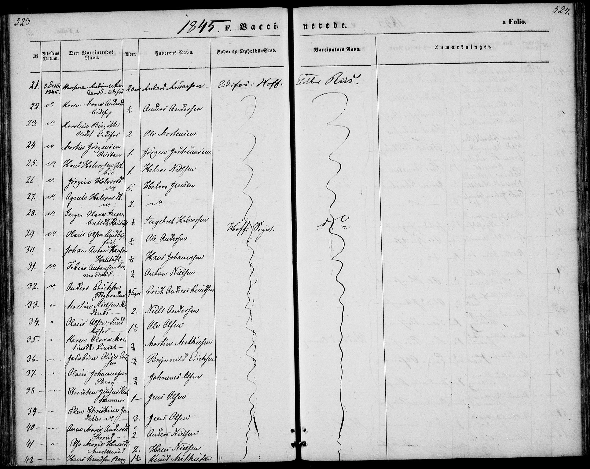 Hof kirkebøker, AV/SAKO-A-64/F/Fa/L0005: Parish register (official) no. I 5, 1844-1851, p. 523-524