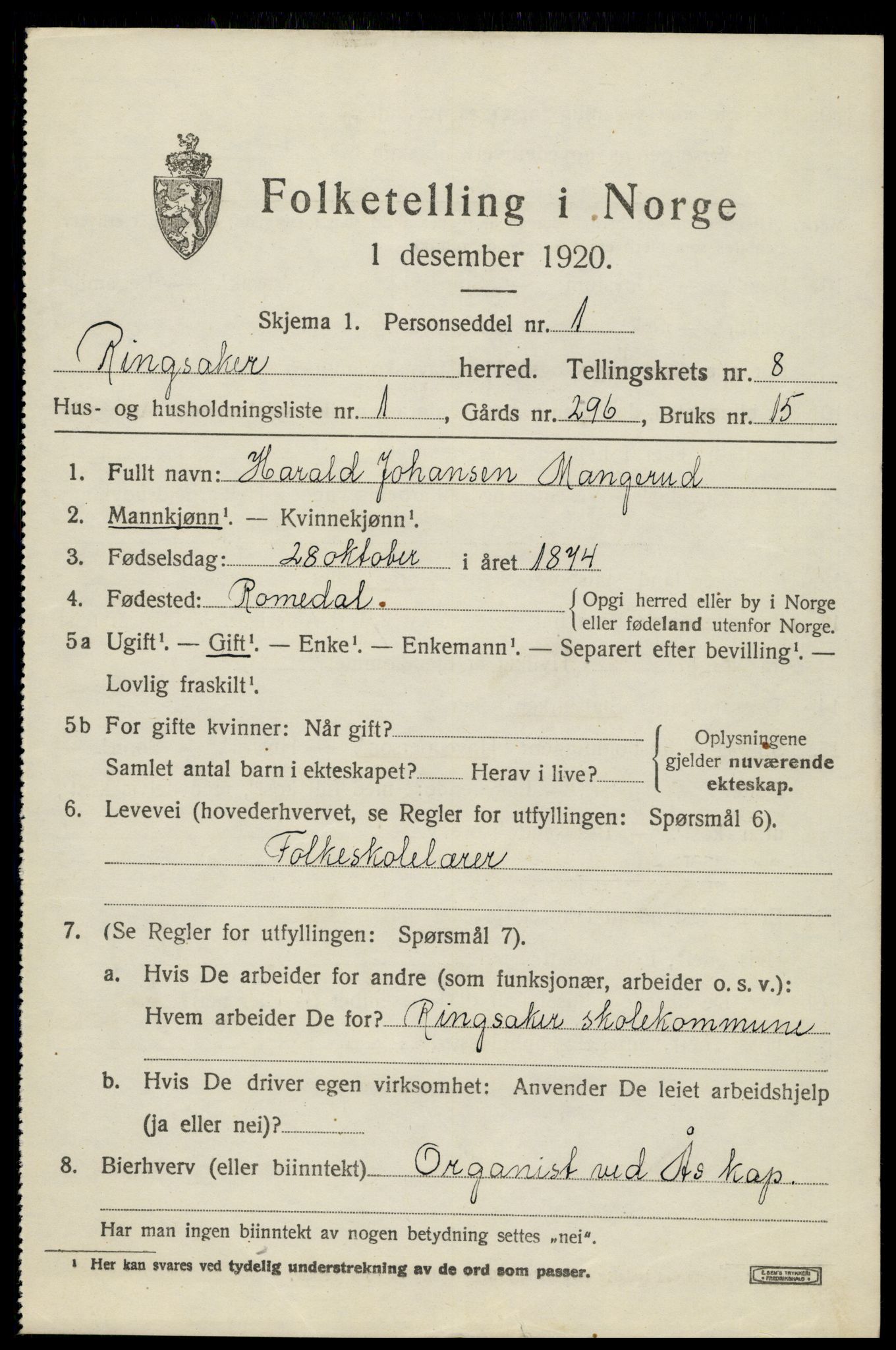 SAH, 1920 census for Ringsaker, 1920, p. 16954