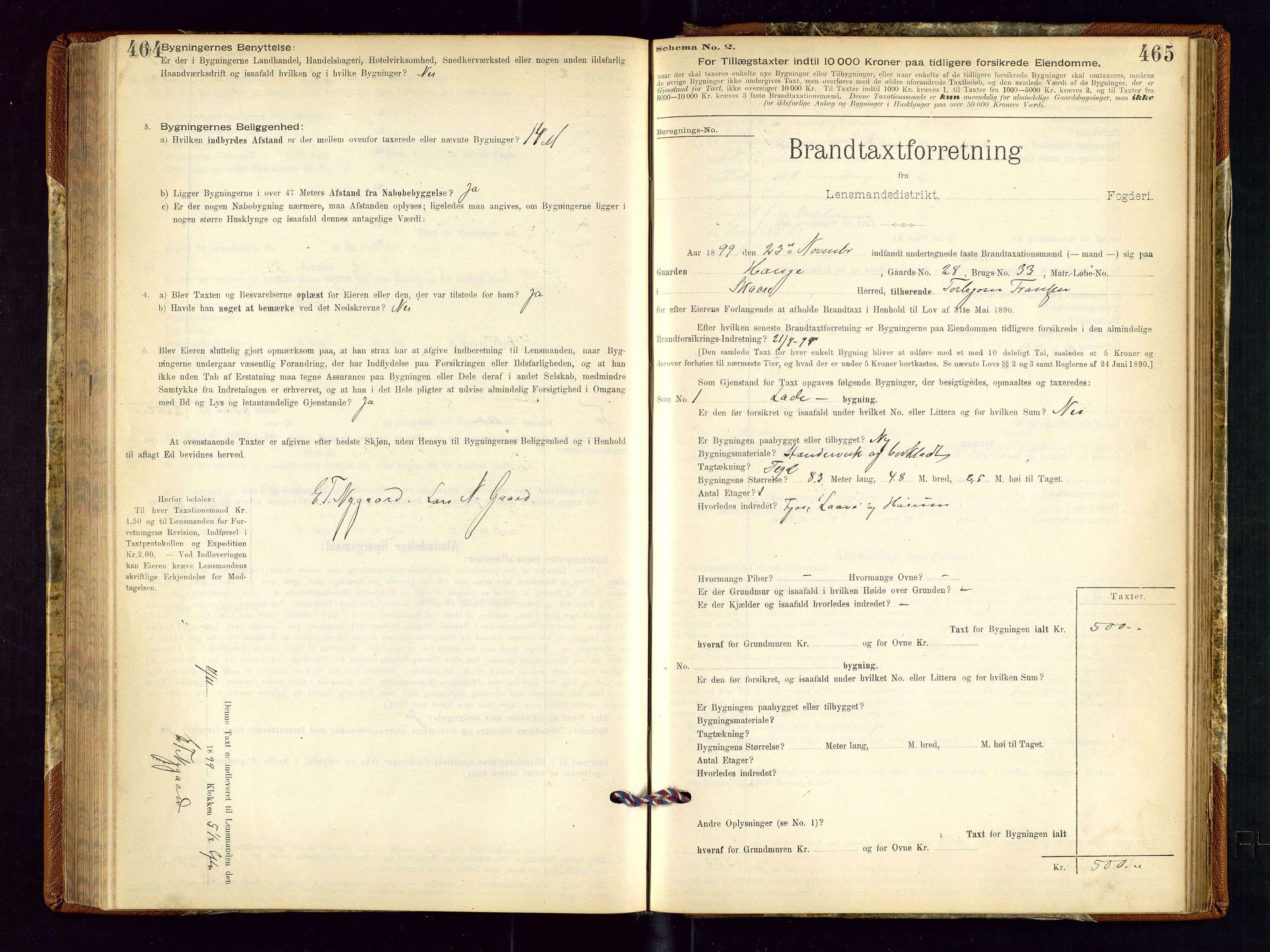 Torvestad lensmannskontor, SAST/A-100307/1/Gob/L0001: "Brandtaxationsprotokol for Torvestad Lensmannsdistrikt", 1895-1904, p. 464-465