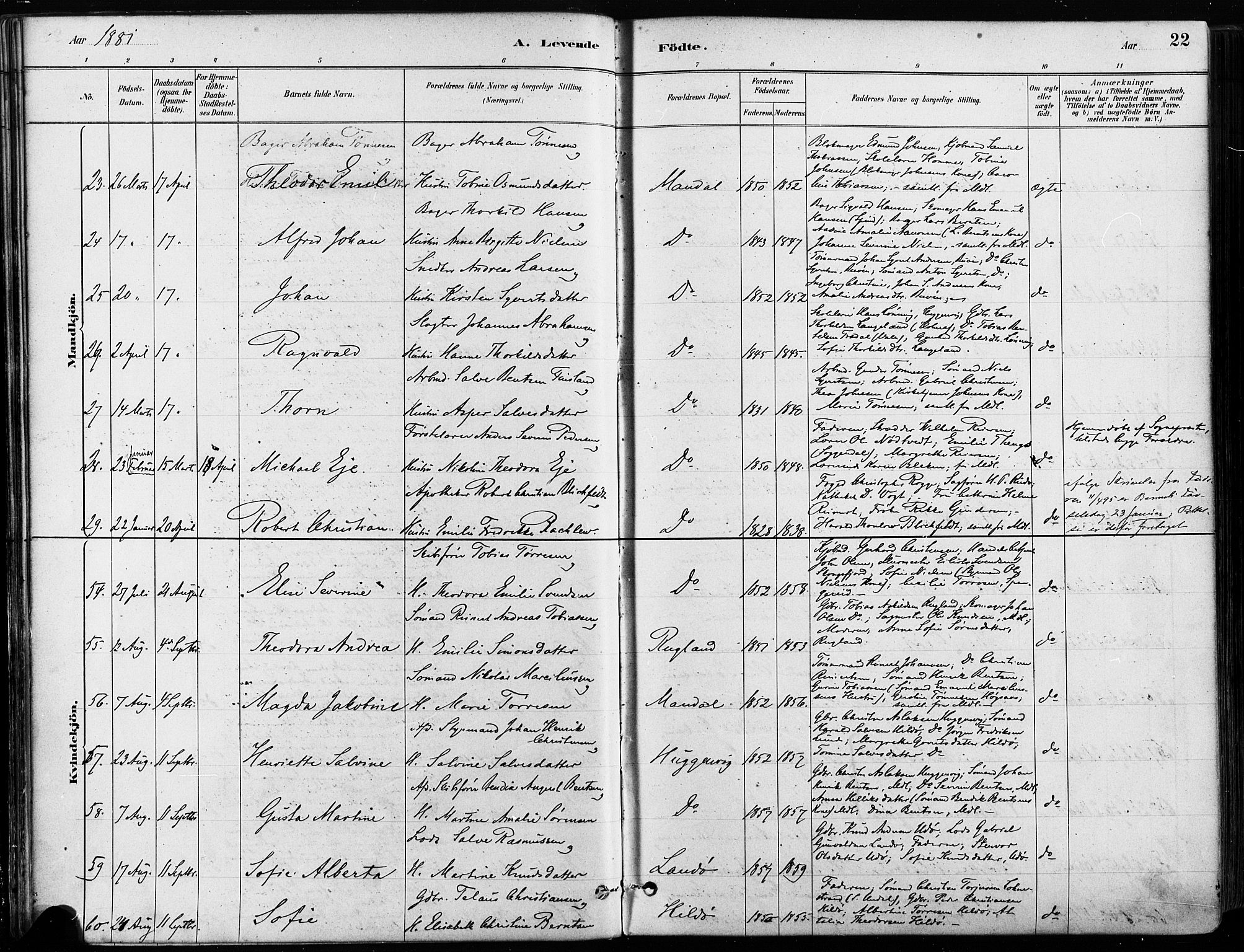 Mandal sokneprestkontor, SAK/1111-0030/F/Fa/Faa/L0016: Parish register (official) no. A 16, 1880-1890, p. 22