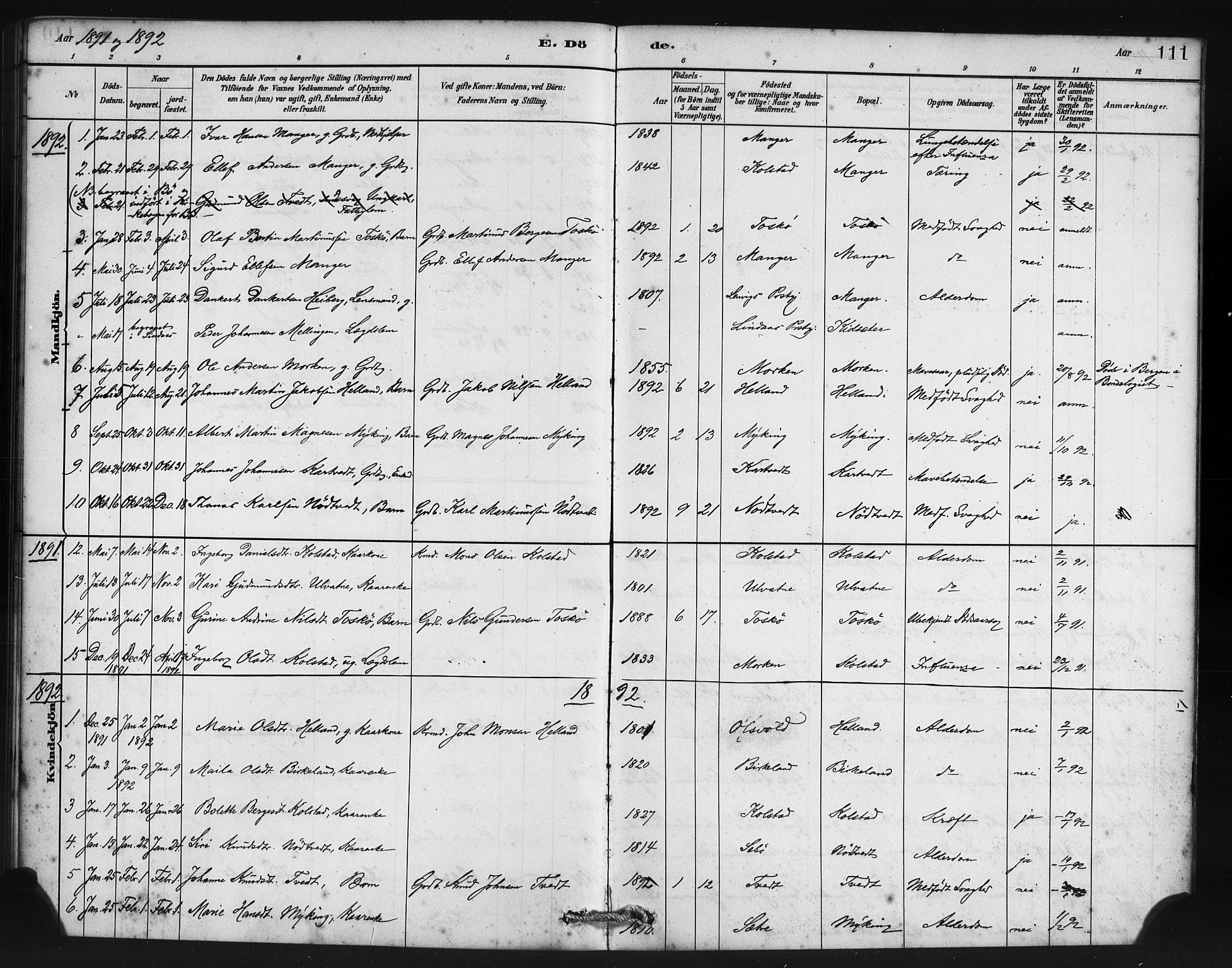 Manger sokneprestembete, SAB/A-76801/H/Haa: Parish register (official) no. B 1, 1881-1892, p. 111