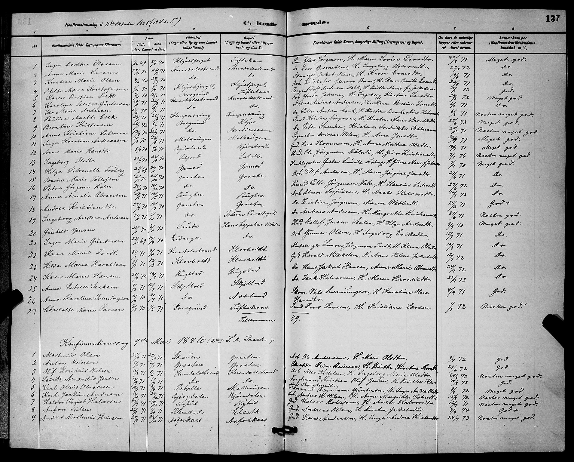 Solum kirkebøker, SAKO/A-306/G/Ga/L0007: Parish register (copy) no. I 7, 1884-1898, p. 137