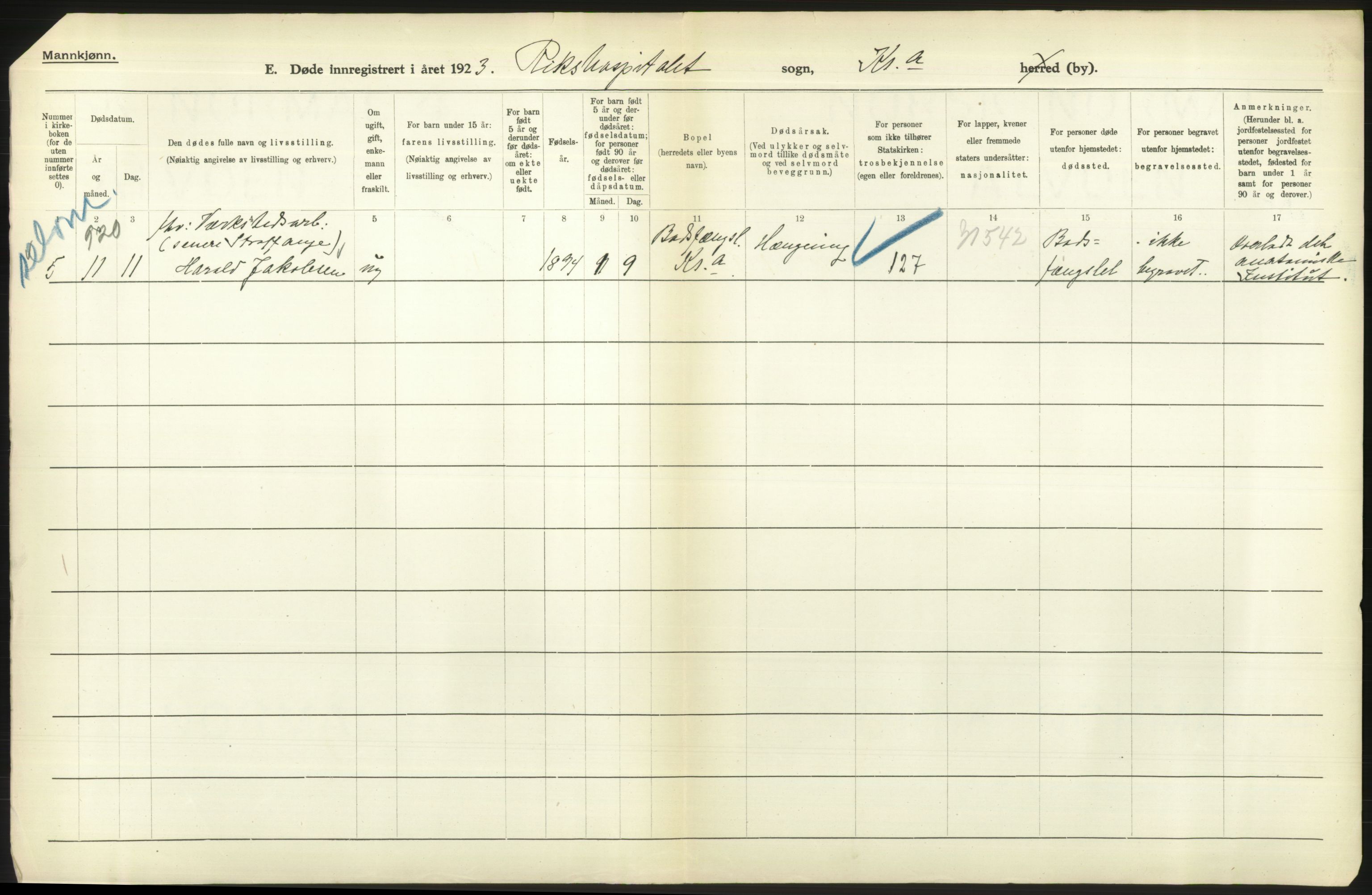 Statistisk sentralbyrå, Sosiodemografiske emner, Befolkning, AV/RA-S-2228/D/Df/Dfc/Dfcc/L0010: Kristiania: Døde, dødfødte, 1923, p. 622