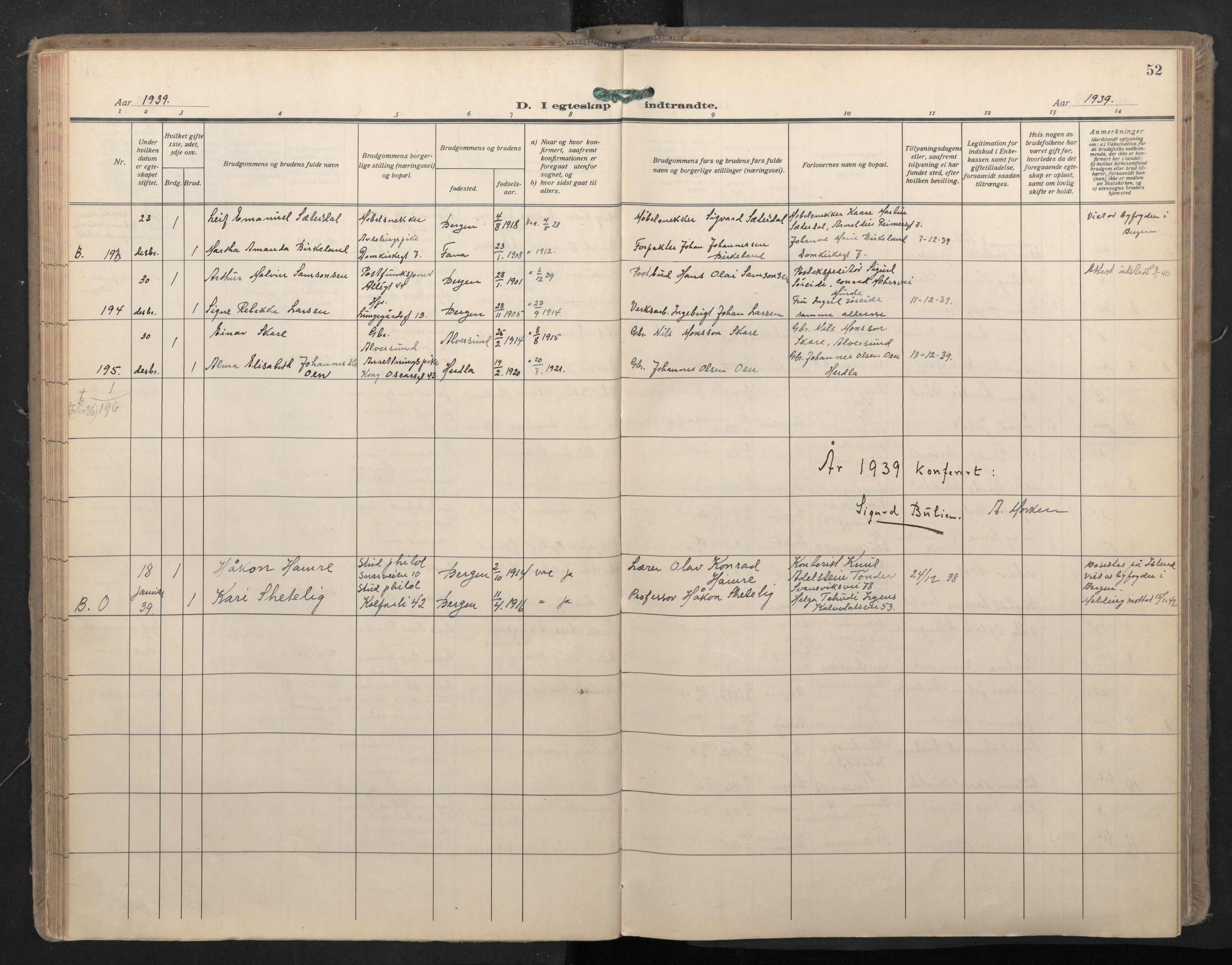 Domkirken sokneprestembete, SAB/A-74801/H/Haa: Parish register (official) no. D 7, 1937-1950, p. 51b-52a