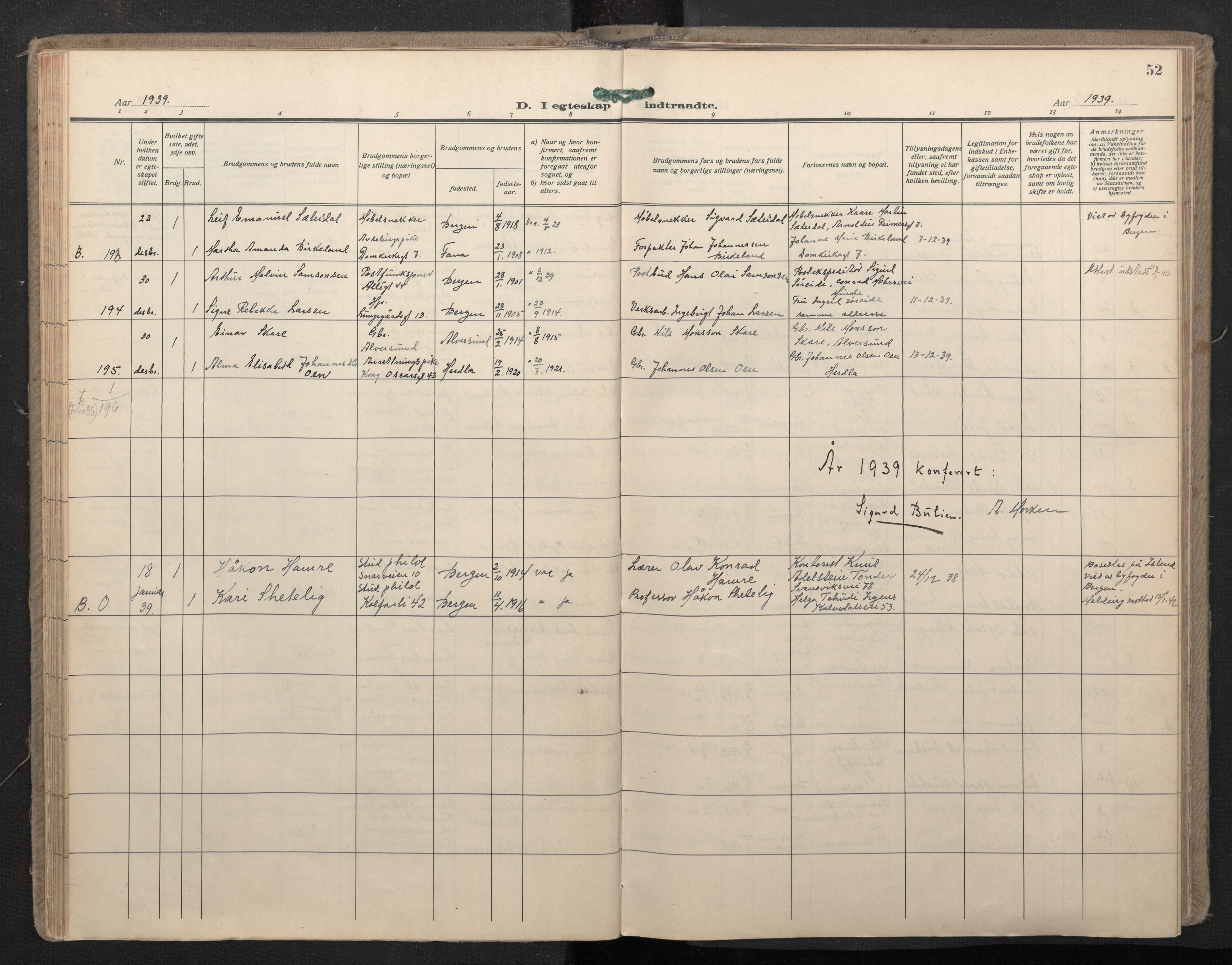 Domkirken sokneprestembete, AV/SAB-A-74801/H/Haa: Parish register (official) no. D 7, 1937-1950, p. 51b-52a