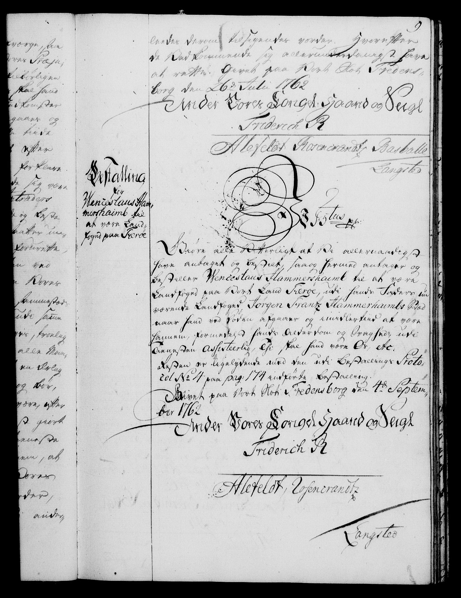 Rentekammeret, Kammerkanselliet, RA/EA-3111/G/Gg/Gge/L0004: Norsk bestallingsprotokoll med register (merket RK 53.28), 1762-1771, p. 9